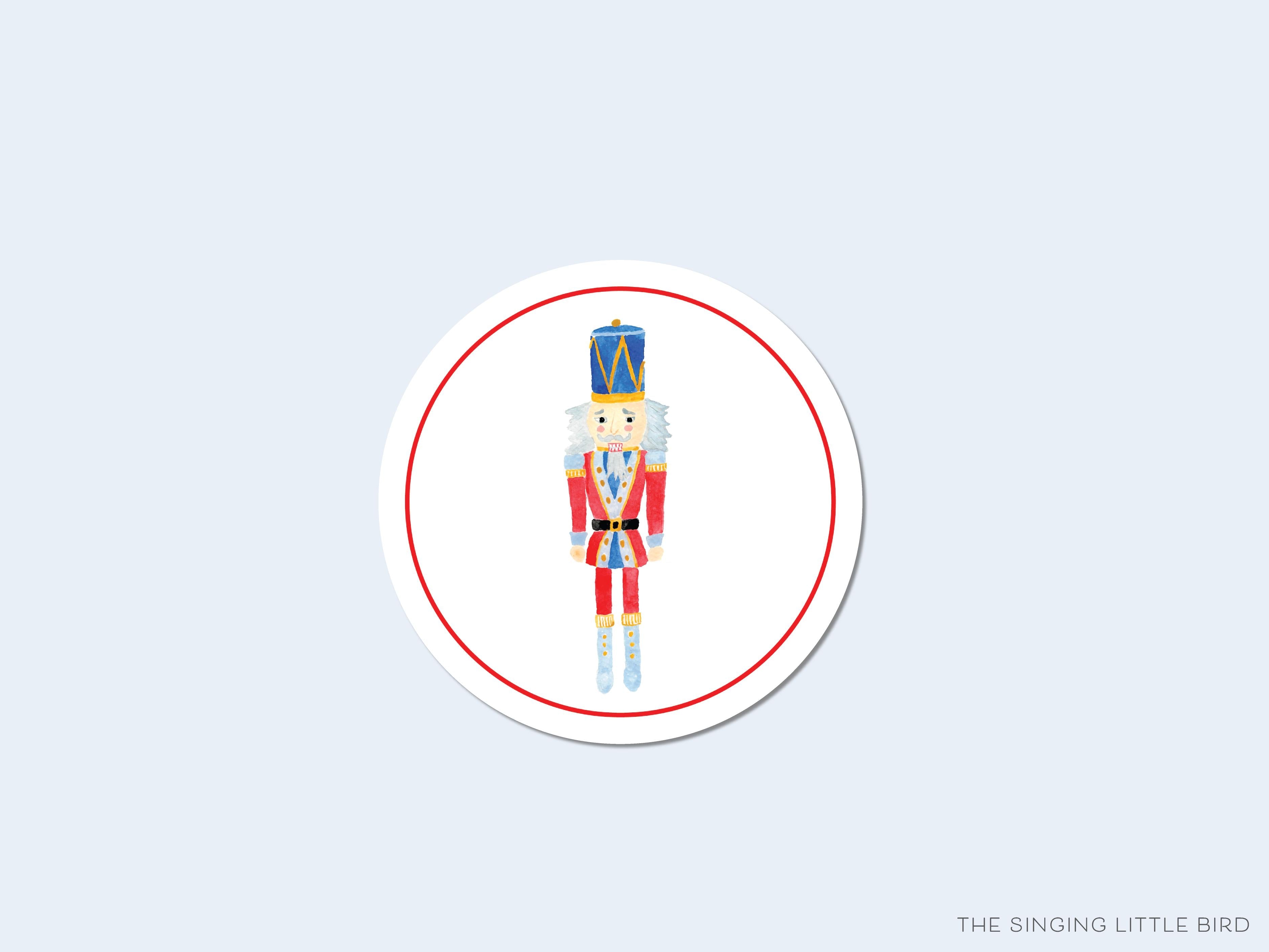 Nutcracker Round Stickers-These matte round stickers feature our hand-painted watercolor Nutcracker, making great envelope seals or gifts for the holiday lover in your life.-The Singing Little Bird