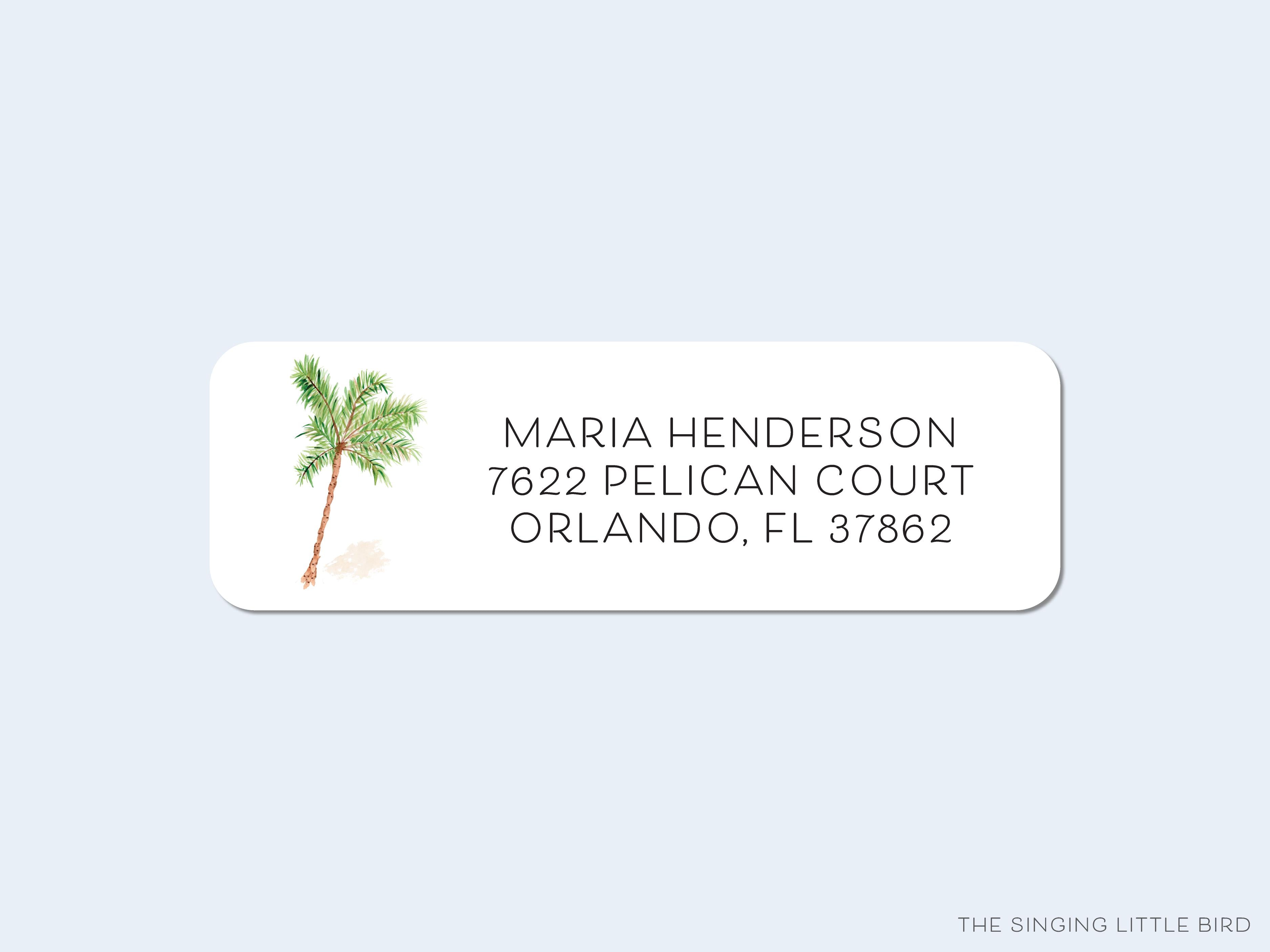 Palm Tree Return Address Labels-These personalized return address labels are 2.625" x 1" and feature our hand-painted watercolor Palm Tree, printed in the USA on beautiful matte finish labels. These make gifts for yourself or the tropical tree lover. -The Singing Little Bird