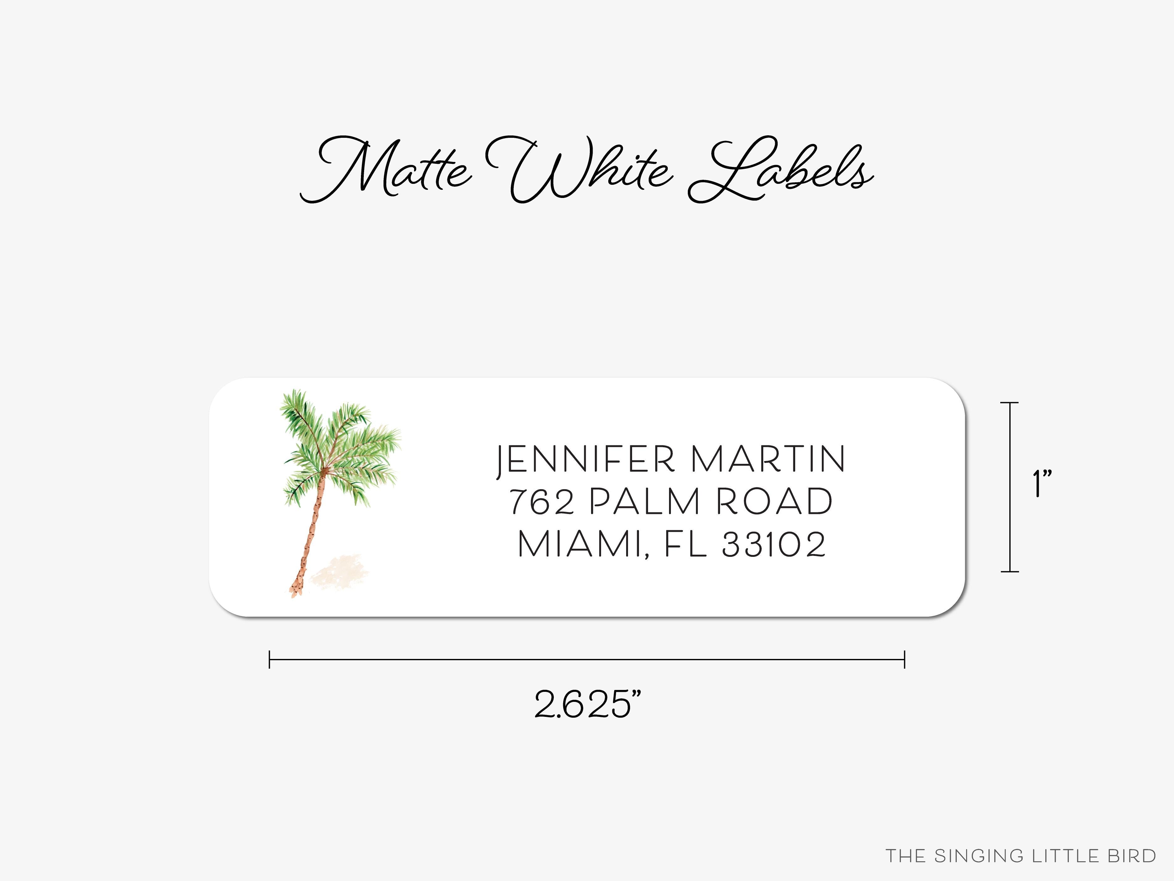 Palm Tree Return Address Labels-These personalized return address labels are 2.625" x 1" and feature our hand-painted watercolor Palm Tree, printed in the USA on beautiful matte finish labels. These make gifts for yourself or the tropical tree lover. -The Singing Little Bird