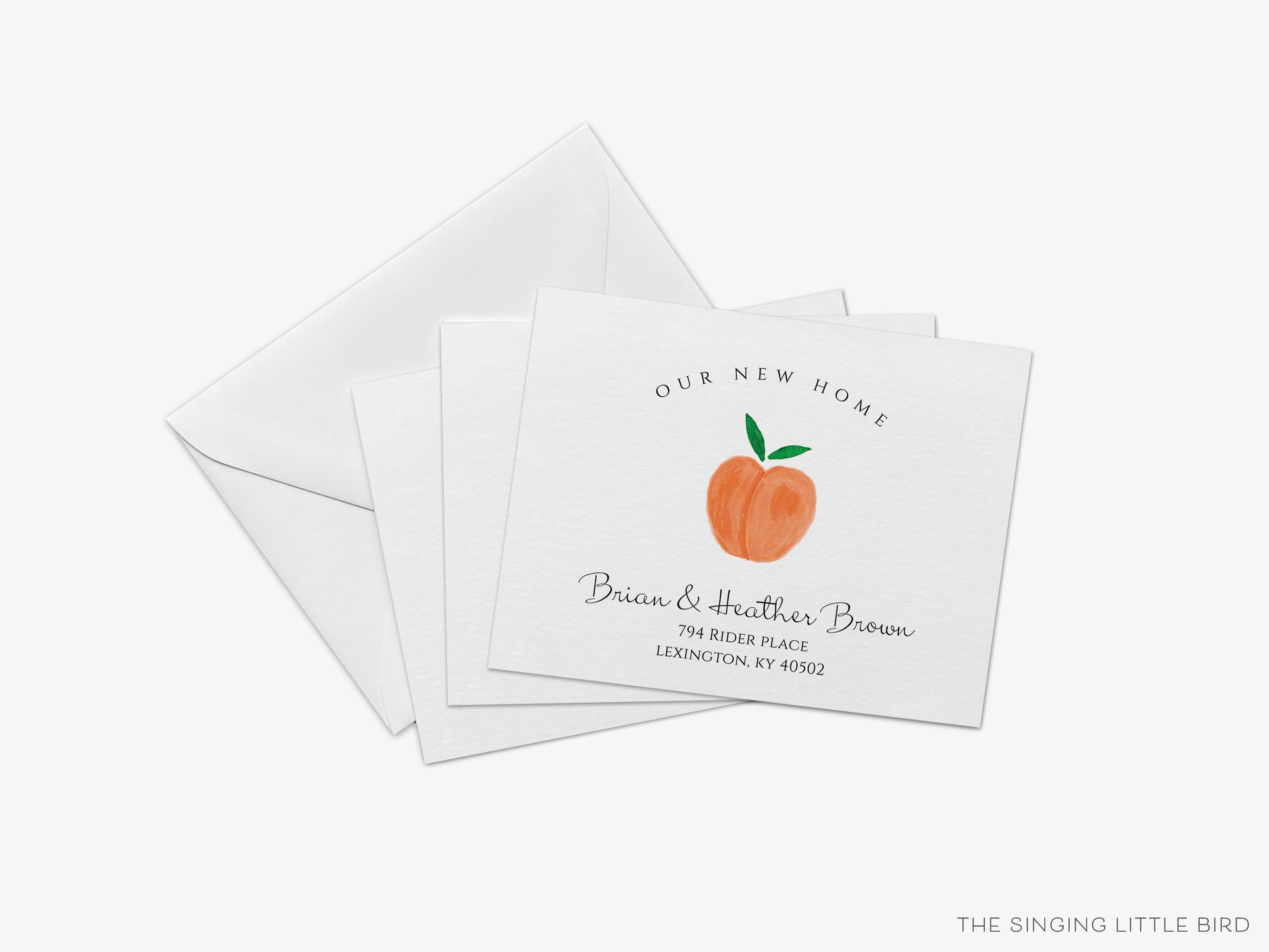 Peach Moving Announcement-These personalized flat change of address cards are 4.25x5.5 and feature our hand-painted watercolor Peach, printed in the USA on 120lb textured stock. They come with your choice of envelopes and make great moving announcements for the fruit lover.-The Singing Little Bird