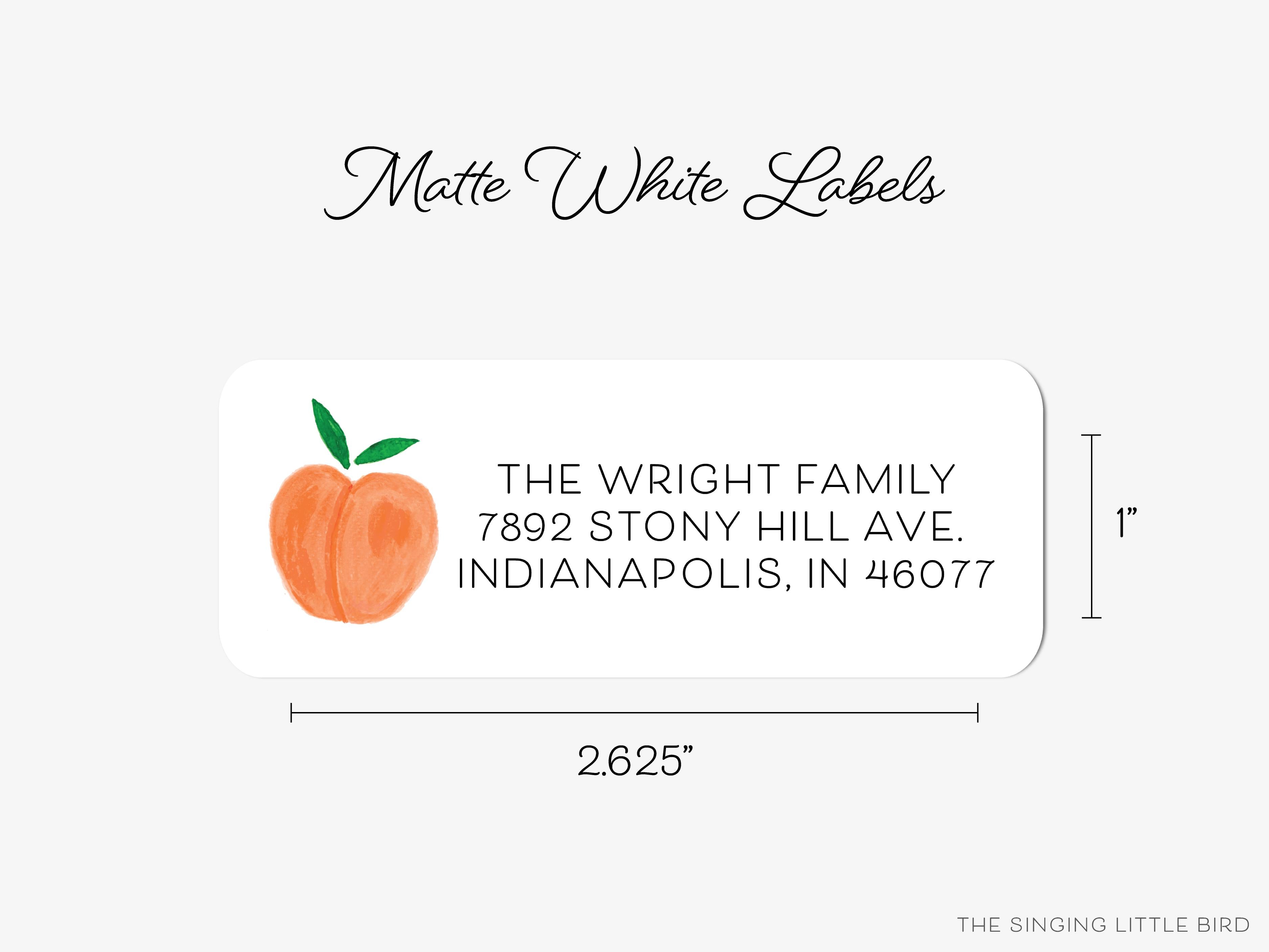 Peach Return Address Labels-These personalized return address labels are 2.625" x 1" and feature our hand-painted watercolor Peach, printed in the USA on beautiful matte finish labels. These make great gifts for yourself or the fruit lover.-The Singing Little Bird