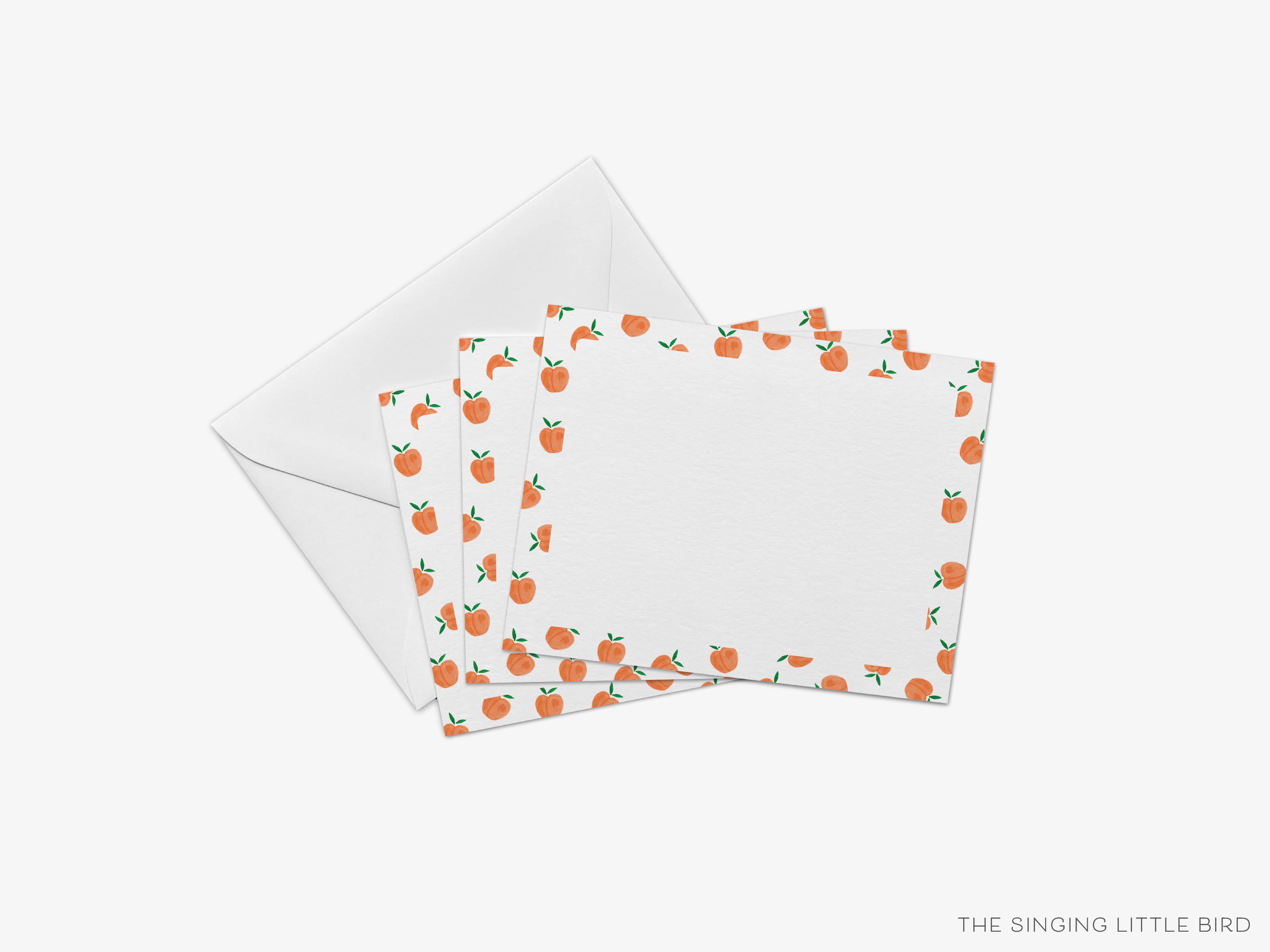 Peaches Flat Notes-These personalized flat notecards are 4.25x5.5 and feature our hand-painted watercolor peaches, printed in the USA on 120lb textured stock. They come with your choice of envelopes and make great thank yous and gifts for the fruit lover in your life.-The Singing Little Bird