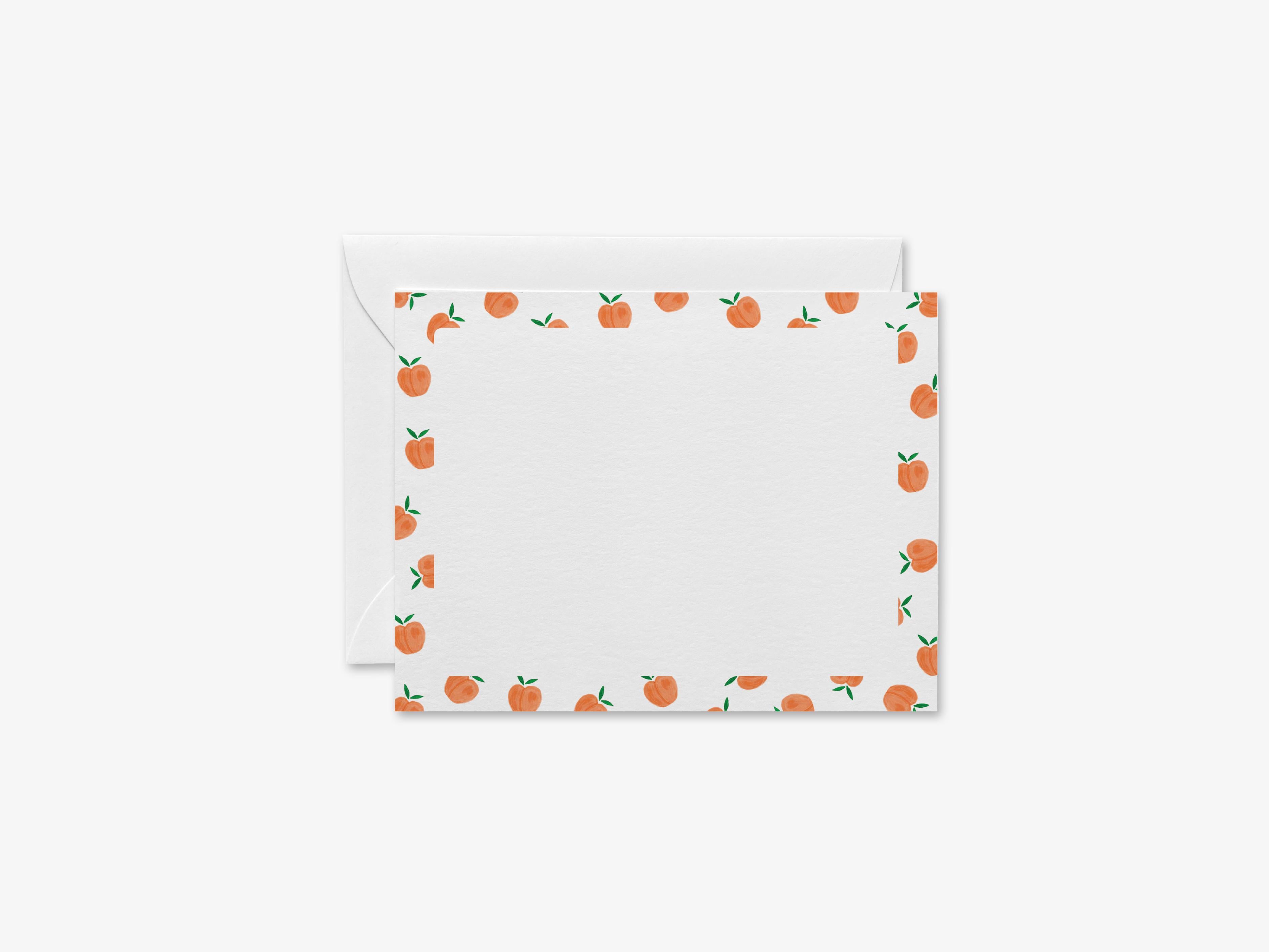 Peaches Flat Notes-These personalized flat notecards are 4.25x5.5 and feature our hand-painted watercolor peaches, printed in the USA on 120lb textured stock. They come with your choice of envelopes and make great thank yous and gifts for the fruit lover in your life.-The Singing Little Bird