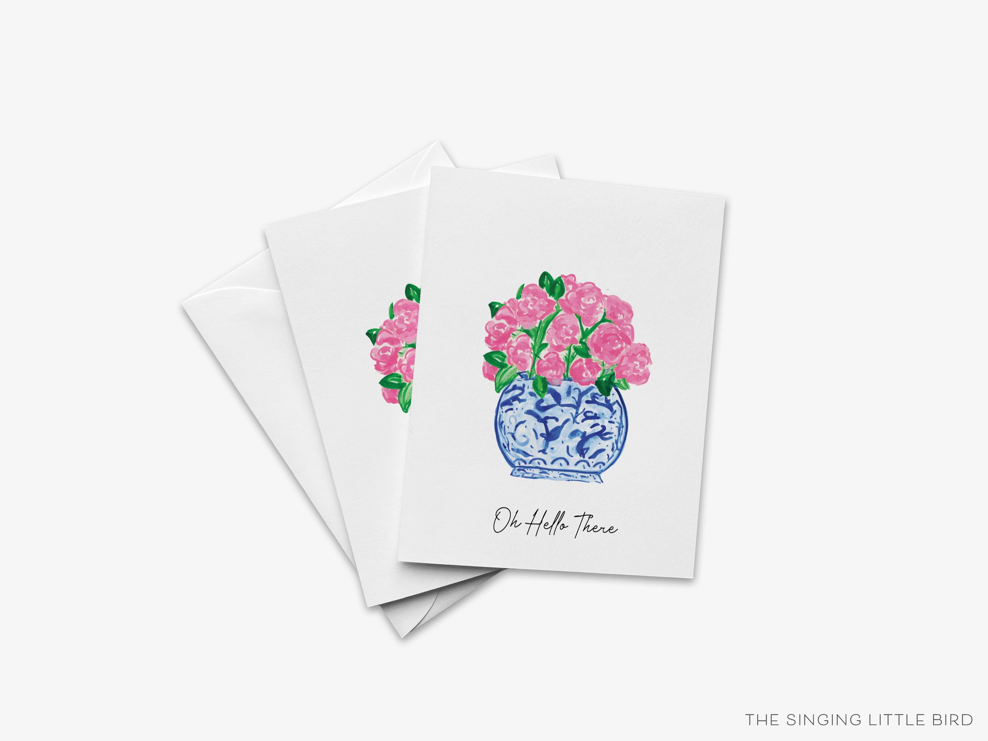 Peonies in Ginger Jar Greeting Card-These folded greeting cards are 4.25x5.5 and feature our hand-painted peonies and a ginger jar, printed in the USA on 100lb textured stock. They come with a White envelope and make a great thinking of you card for the chinoiserie lover in your life.-The Singing Little Bird