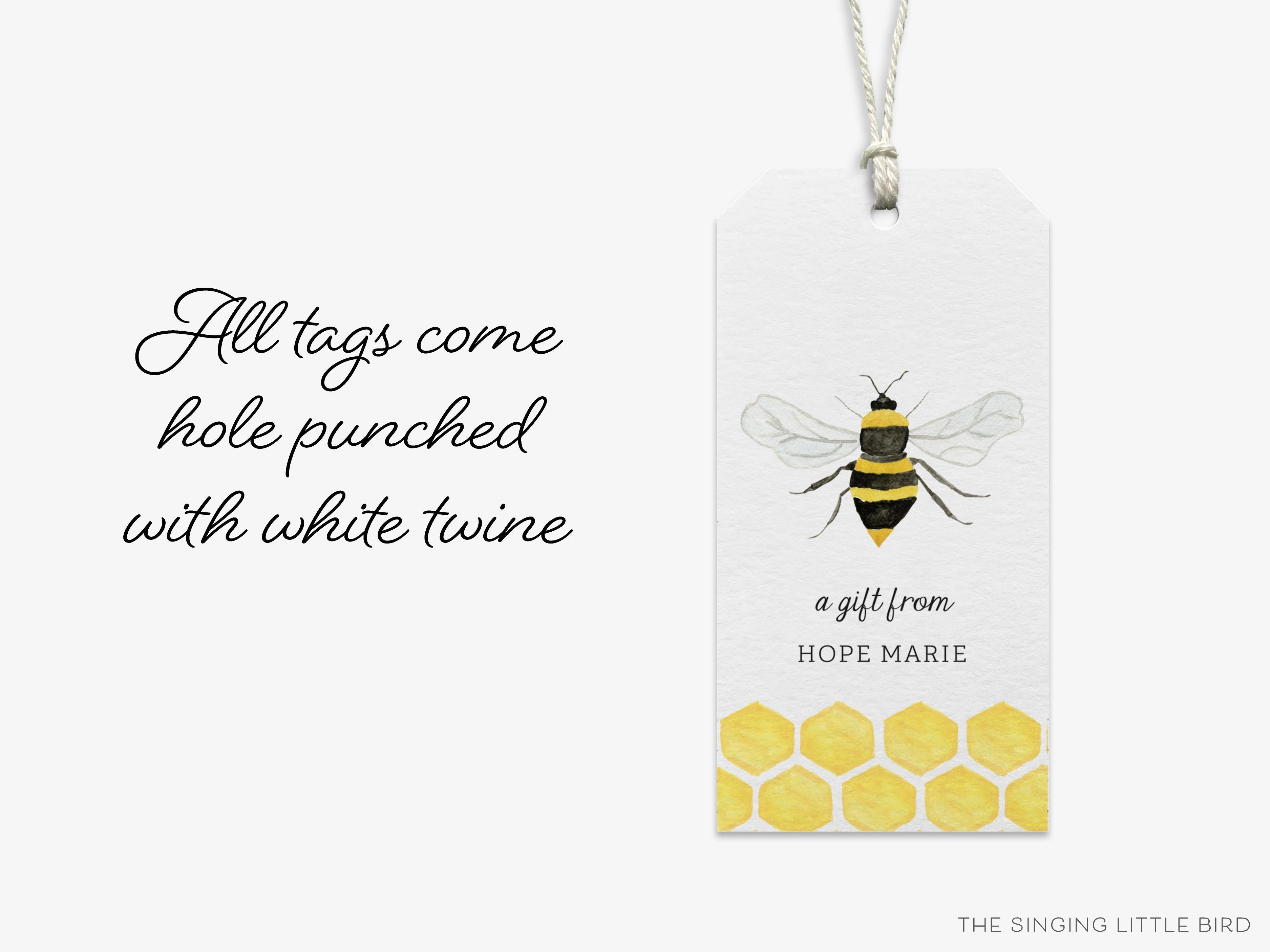 Personalized Bee Gift Tags-These gift tags come in sets, hole-punched with white twine and feature our hand-painted watercolor bee, printed in the USA on 120lb textured stock. They make great tags for gifting or gifts for the bee lover in your life.-The Singing Little Bird