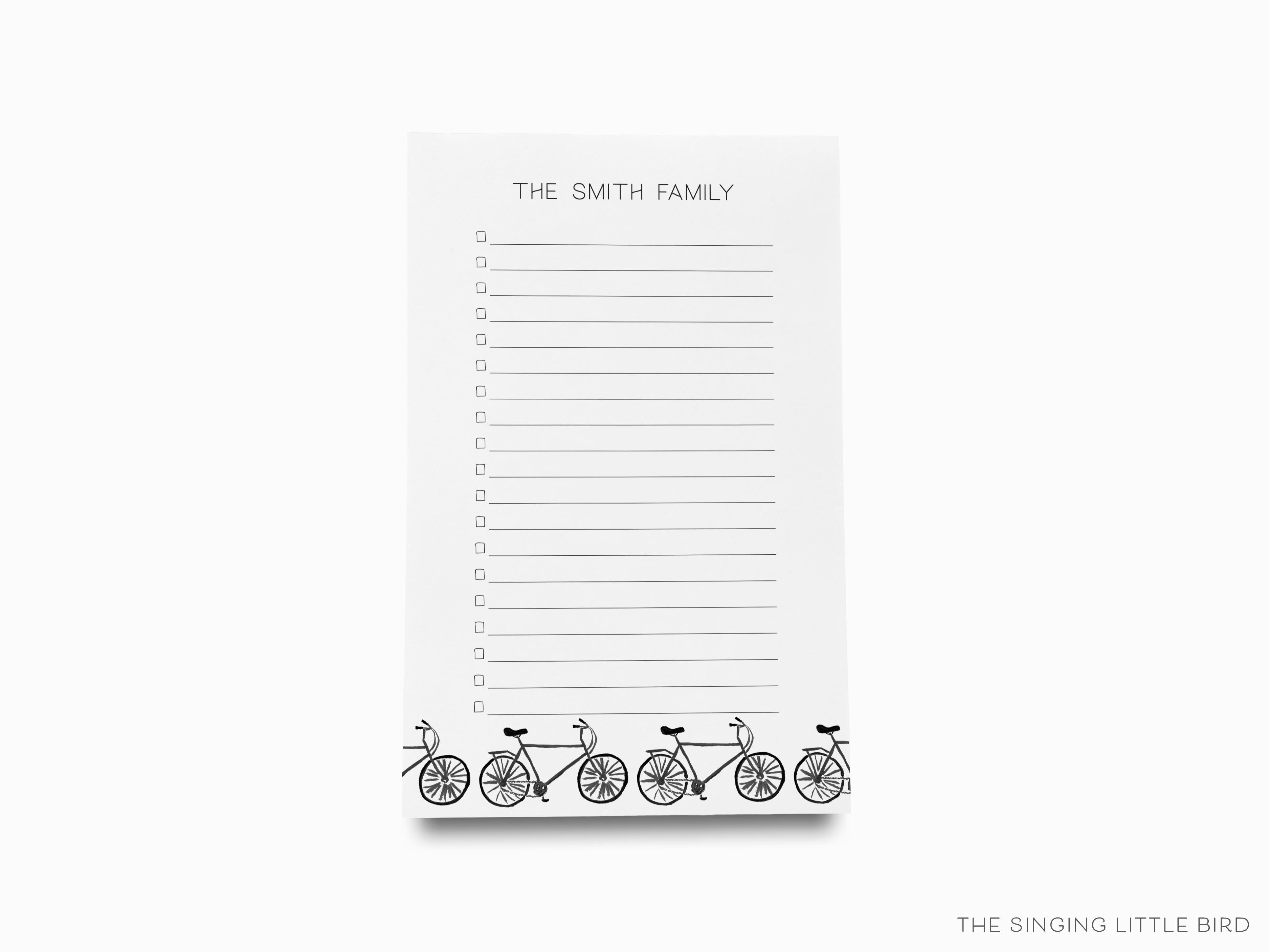 Personalized Bicycle Notepad-These personalized notepads feature our hand-painted watercolor bicycle, printed in the USA on a beautiful smooth stock. You choose which size you want (or bundled together for a beautiful gift set) and makes a great gift for the checklist and bike lover in your life.-The Singing Little Bird