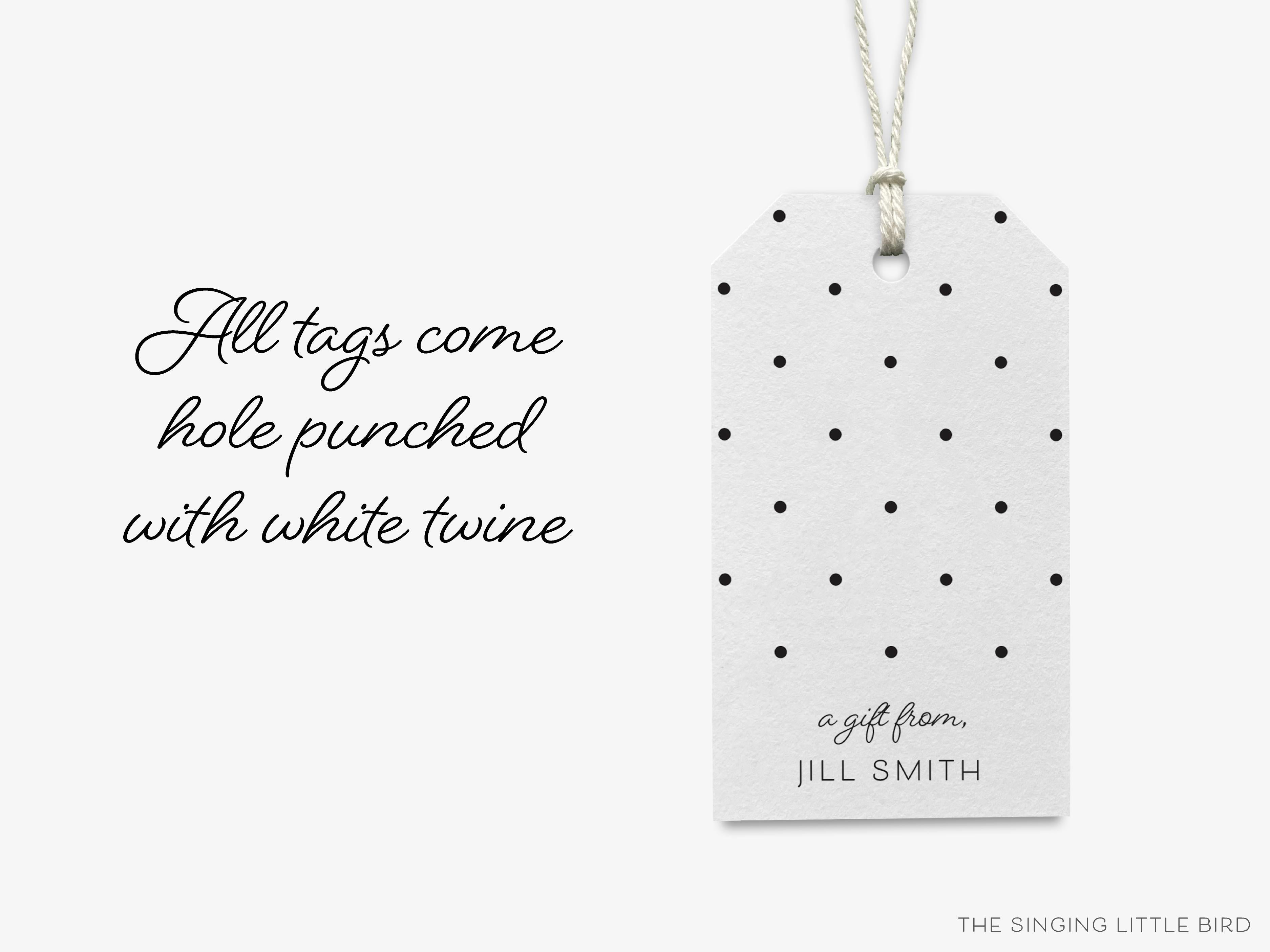 Personalized Black Polka Dot Gift Tags-These gift tags come in sets, hole-punched with white twine and feature our hand-painted watercolor black polka dots, printed in the USA on 120lb textured stock. They make great tags for gifting or gifts for the black and white chic lover in your life.-The Singing Little Bird