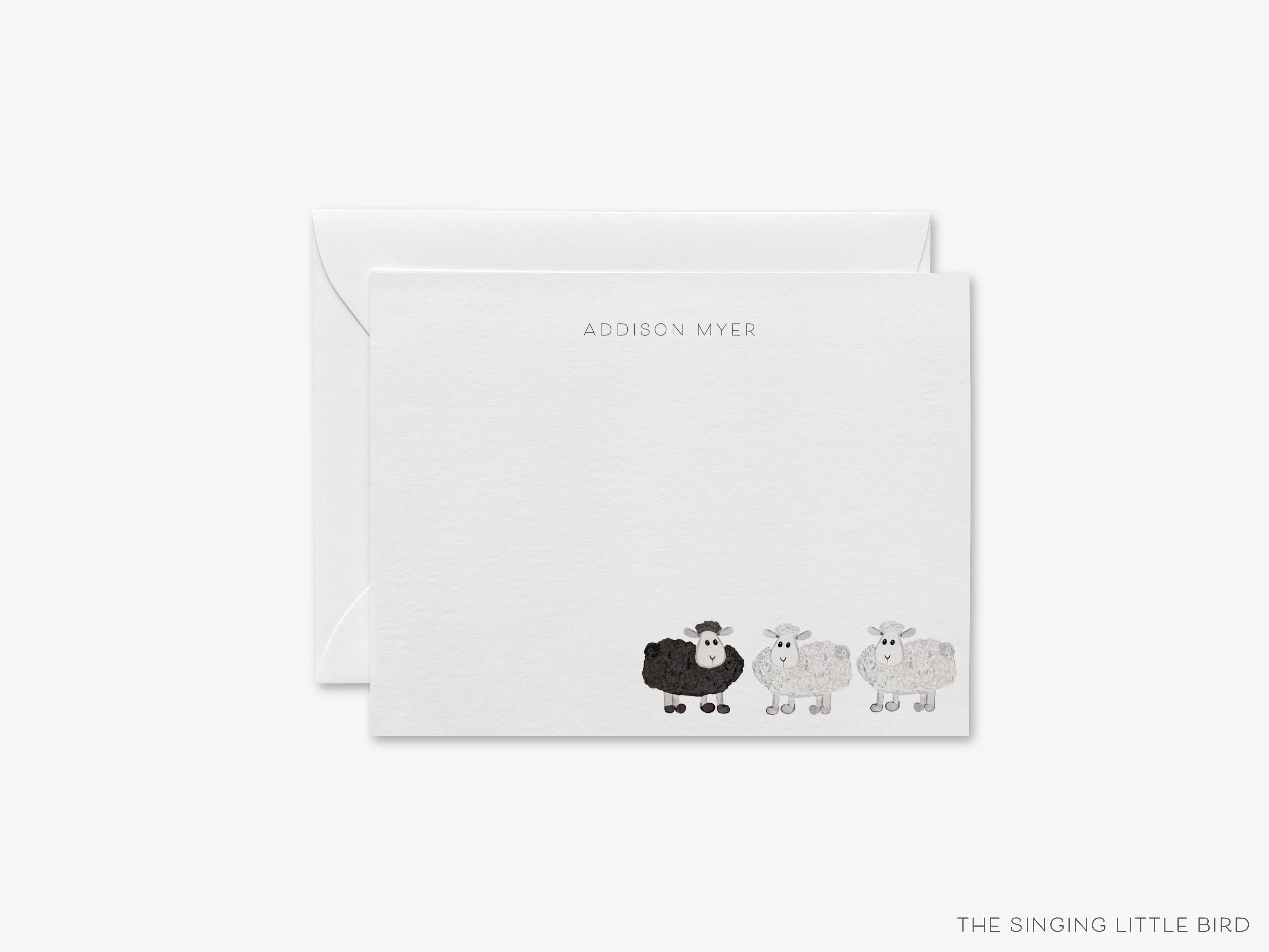 Personalized Black Sheep Flat Notes-These personalized flat notecards are 4.25x5.5 and feature our hand-painted watercolor sheep, printed in the USA on 120lb textured stock. They come with your choice of envelopes and make great thank yous and gifts for the farm animal lover in your life.-The Singing Little Bird