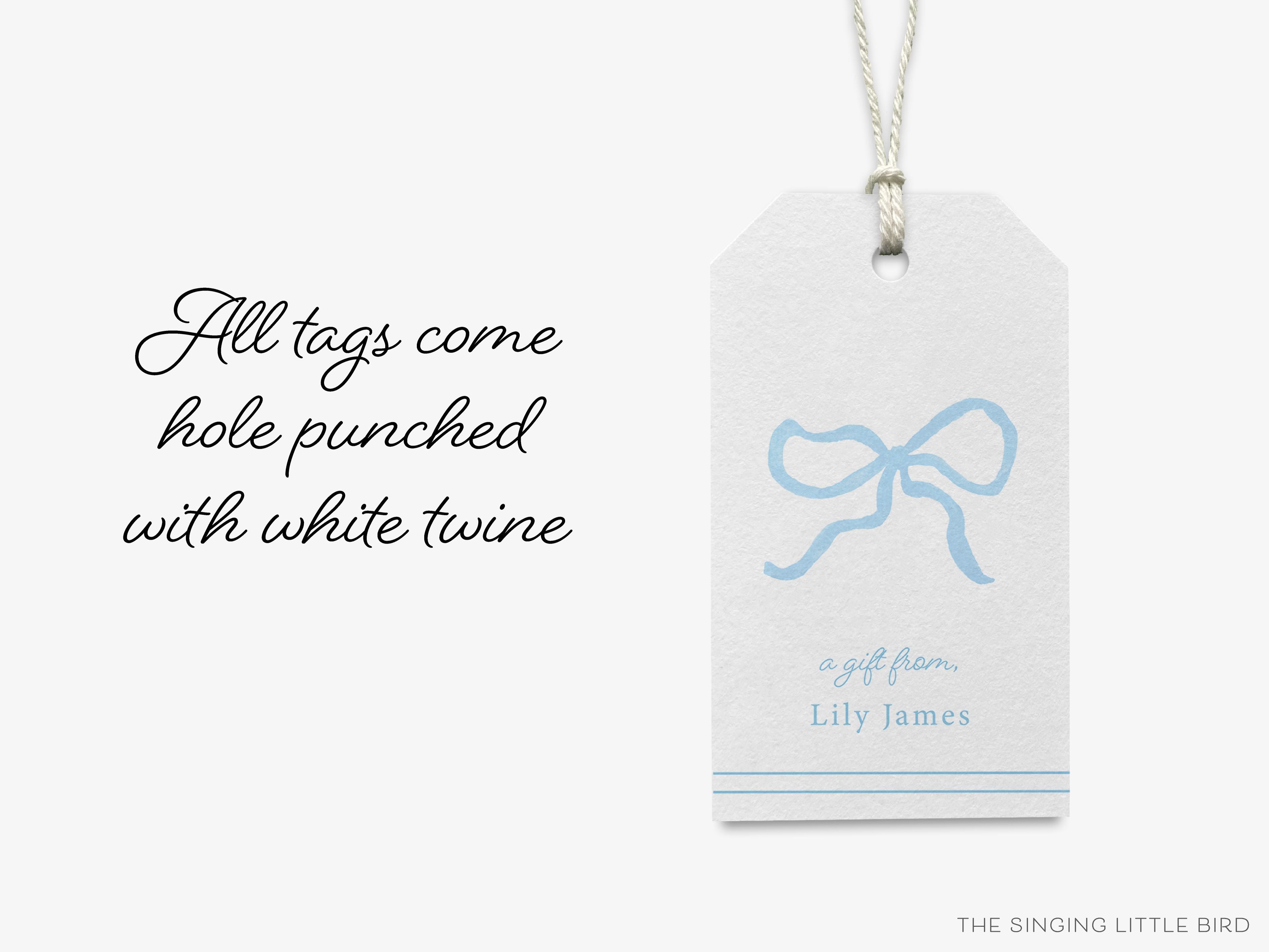 Personalized Blue Bow Gift Tags-These gift tags come in sets, hole-punched with white twine and feature our hand-painted watercolor blue bow, printed in the USA on 120lb textured stock. They make great tags for gifting or gifts for the bow lover in your life.-The Singing Little Bird