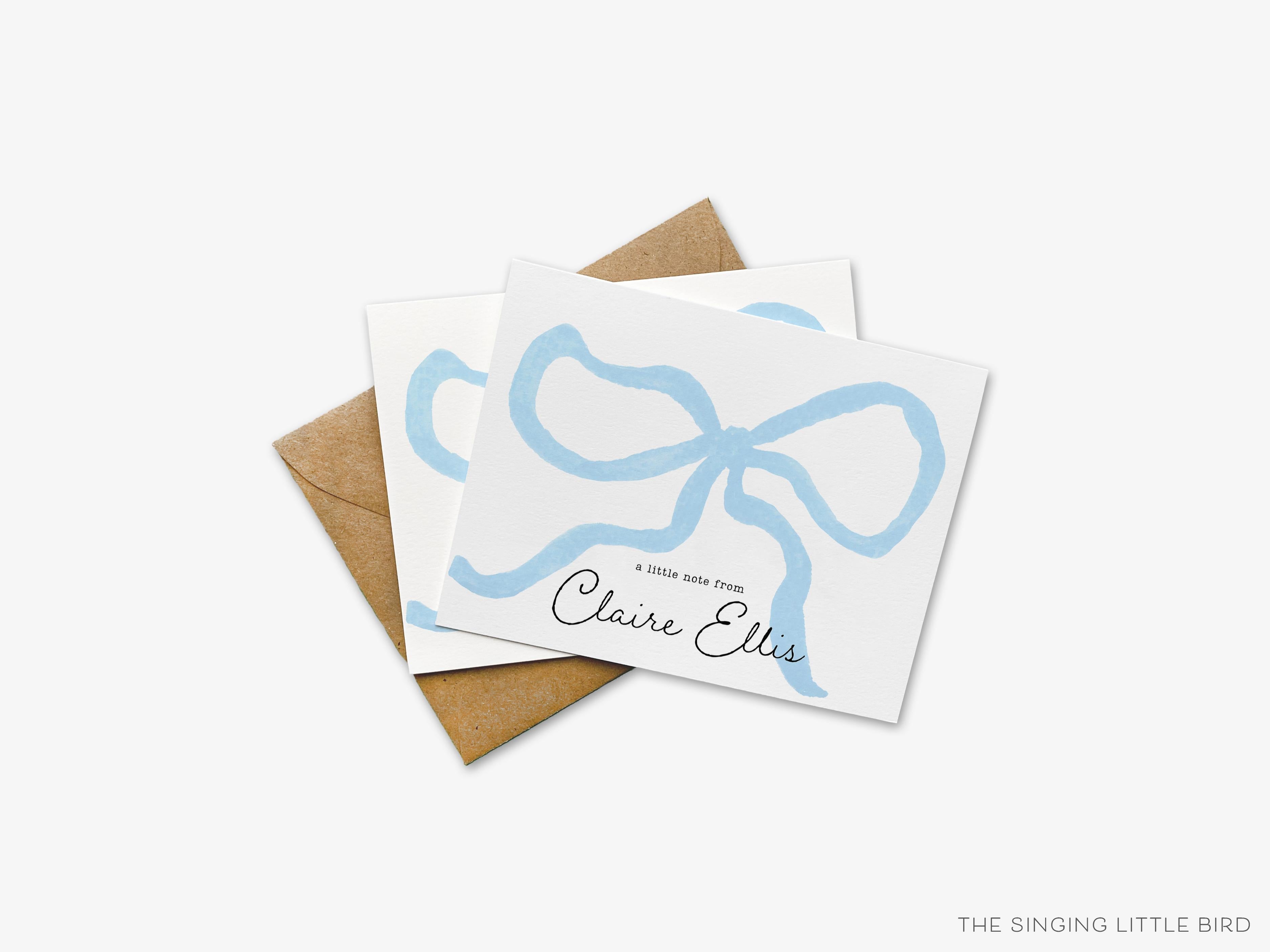 Personalized Blue Bow Greeting Cards-These folded greeting cards are 4.25x5.5 and feature our hand-painted blue bow, printed in the USA on 100lb textured stock. They come with a White or Kraft envelope and make a great thank you card for the bow lover in your life.-The Singing Little Bird