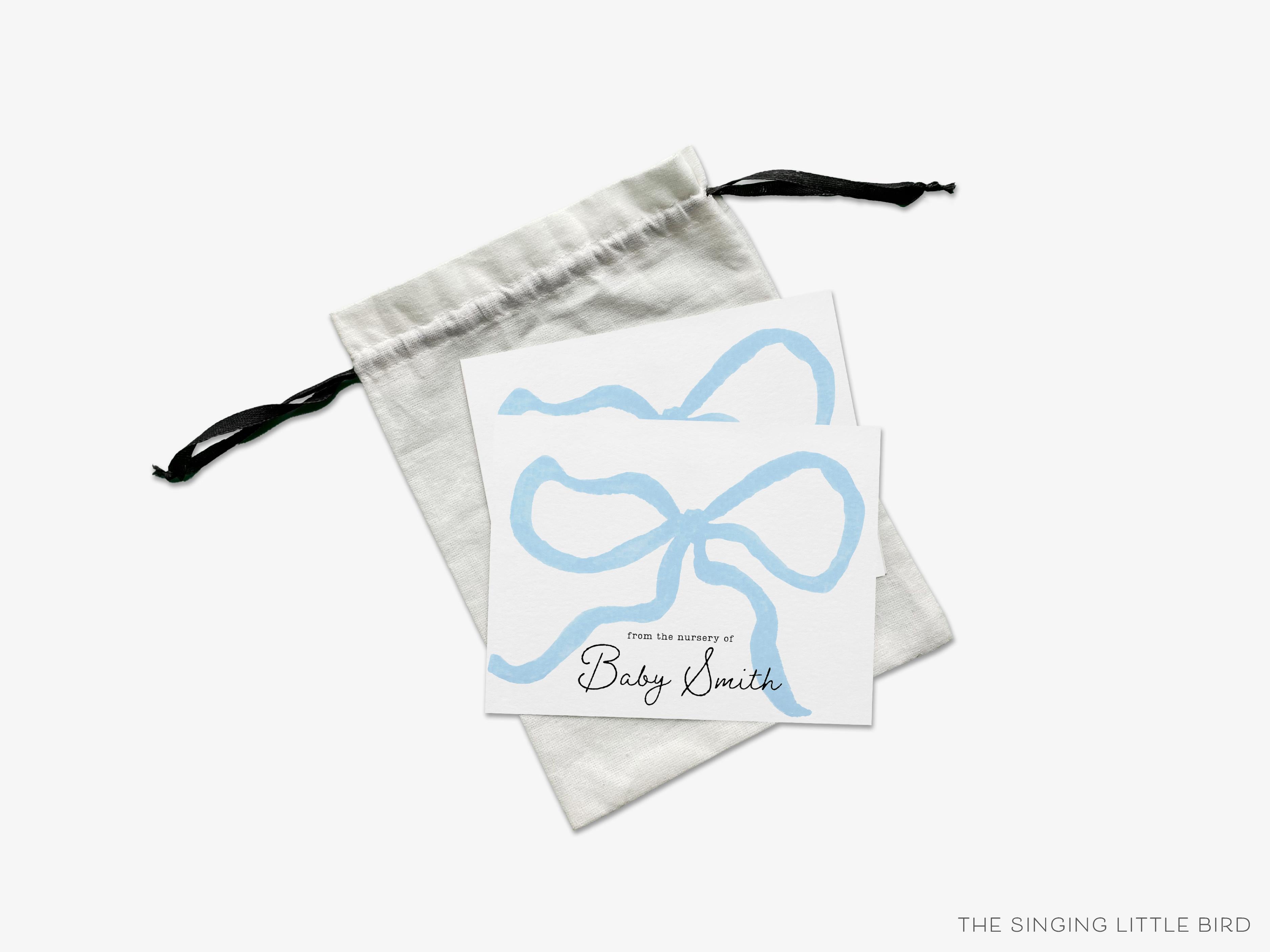 Personalized Blue Bow Greeting Cards-These folded greeting cards are 4.25x5.5 and feature our hand-painted blue bow, printed in the USA on 100lb textured stock. They come with a White or Kraft envelope and make a great thank you card for the bow lover in your life.-The Singing Little Bird