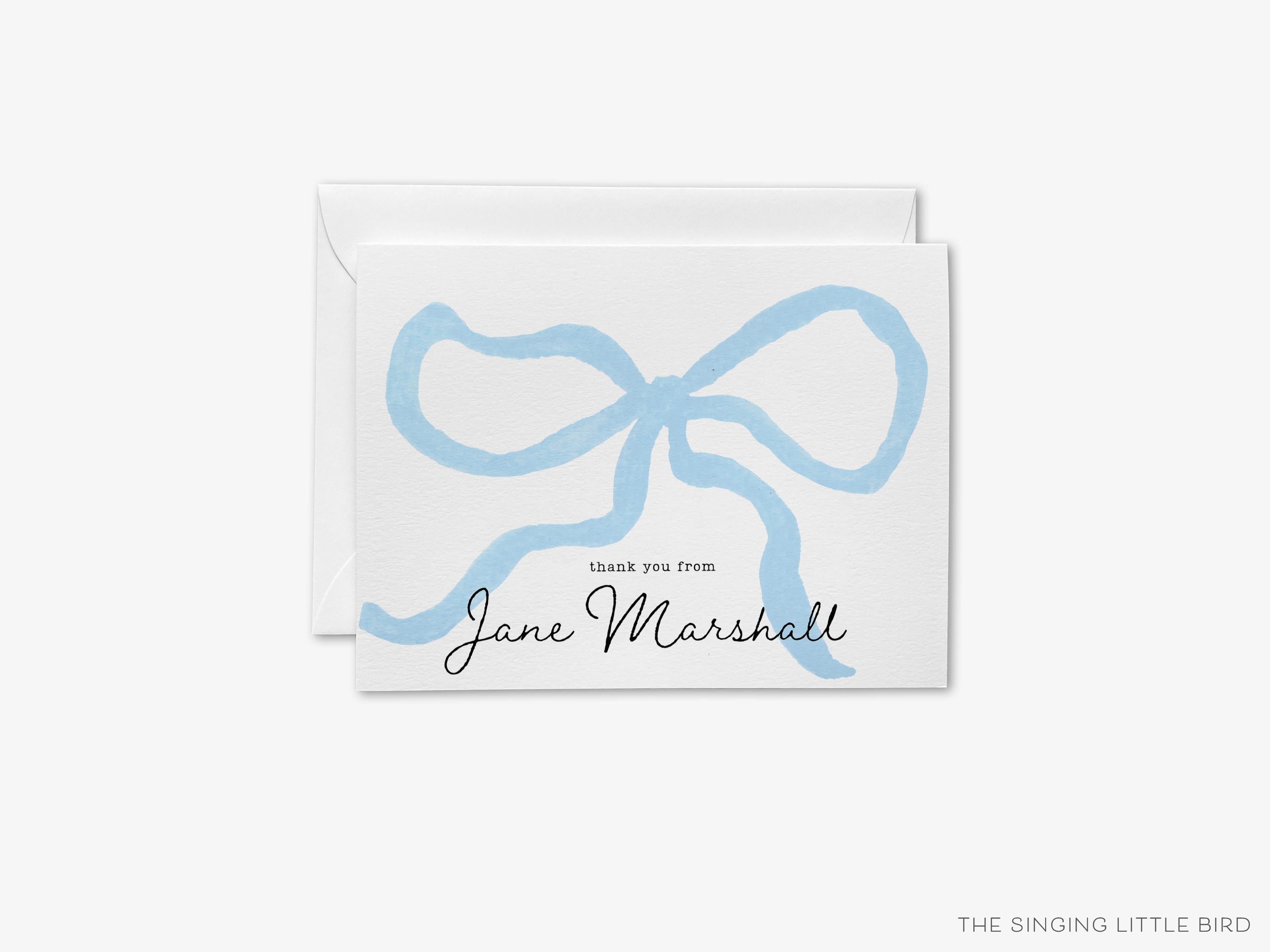 Personalized Blue Bow Greeting Cards-These folded greeting cards are 4.25x5.5 and feature our hand-painted blue bow, printed in the USA on 100lb textured stock. They come with a White or Kraft envelope and make a great thank you card for the bow lover in your life.-The Singing Little Bird