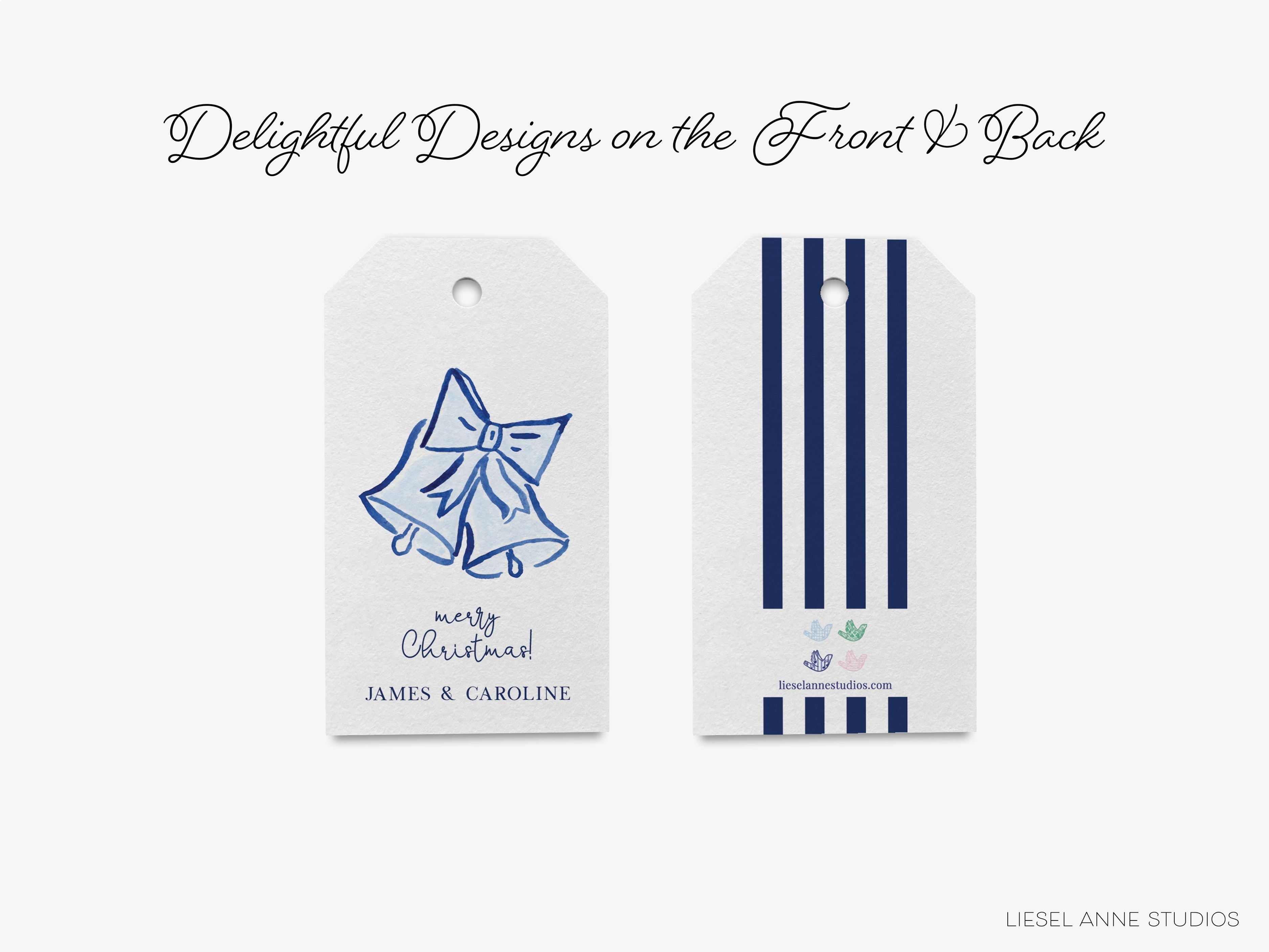 Personalized Blue Christmas Bells Gift Tags-These gift tags come in sets, hole-punched with white twine and feature our hand-painted watercolor bells, printed in the USA on 120lb textured stock. They make great tags for gifting or gifts for the holiday lover in your life.-The Singing Little Bird