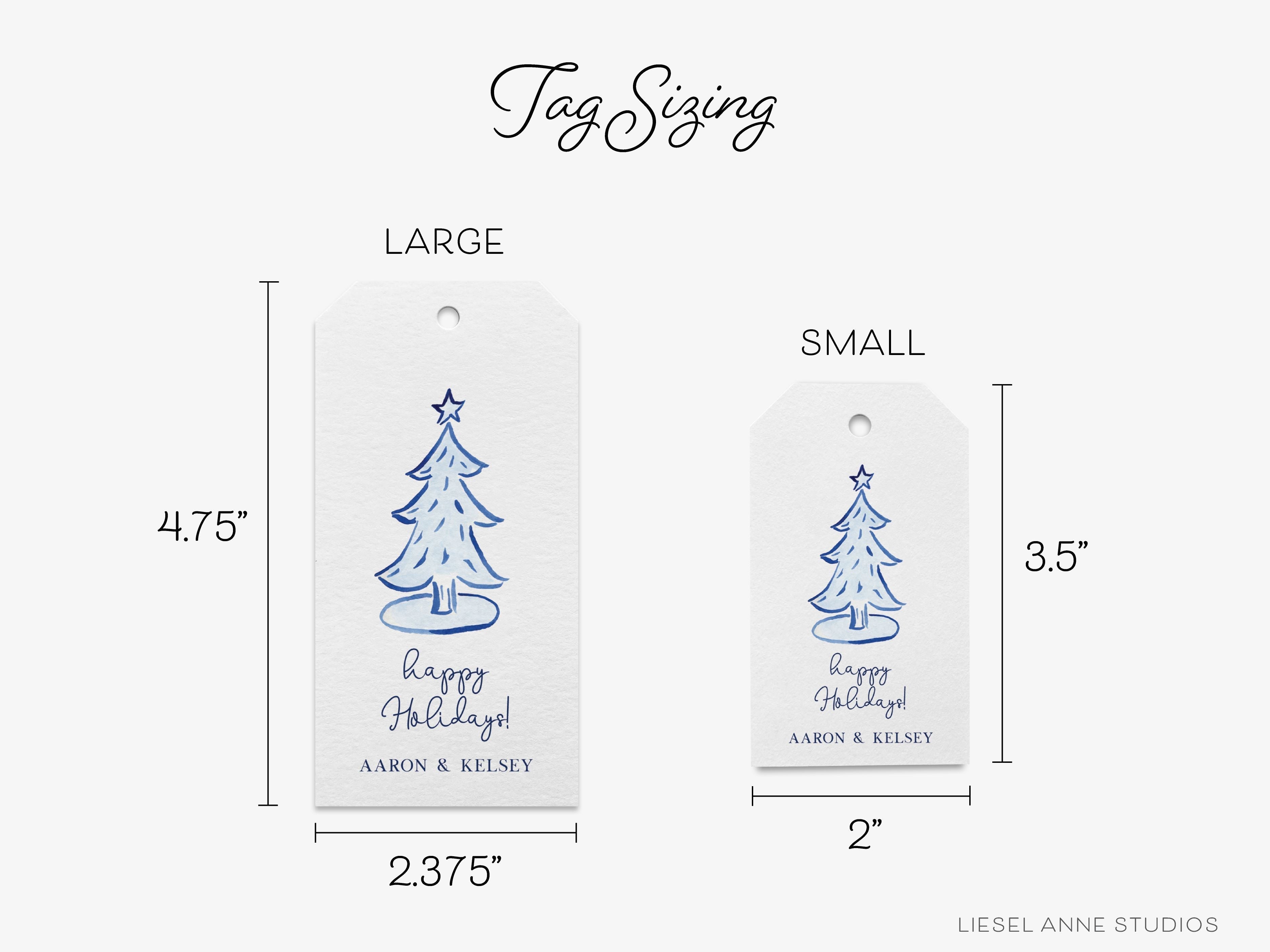 Personalized Blue Christmas Tree Gift Tags-These gift tags come in sets, hole-punched with white twine and feature our hand-painted watercolor Christmas Tree printed in the USA on 120lb textured stock. They make great tags for gifting or gifts for the holiday lover in your life.-The Singing Little Bird