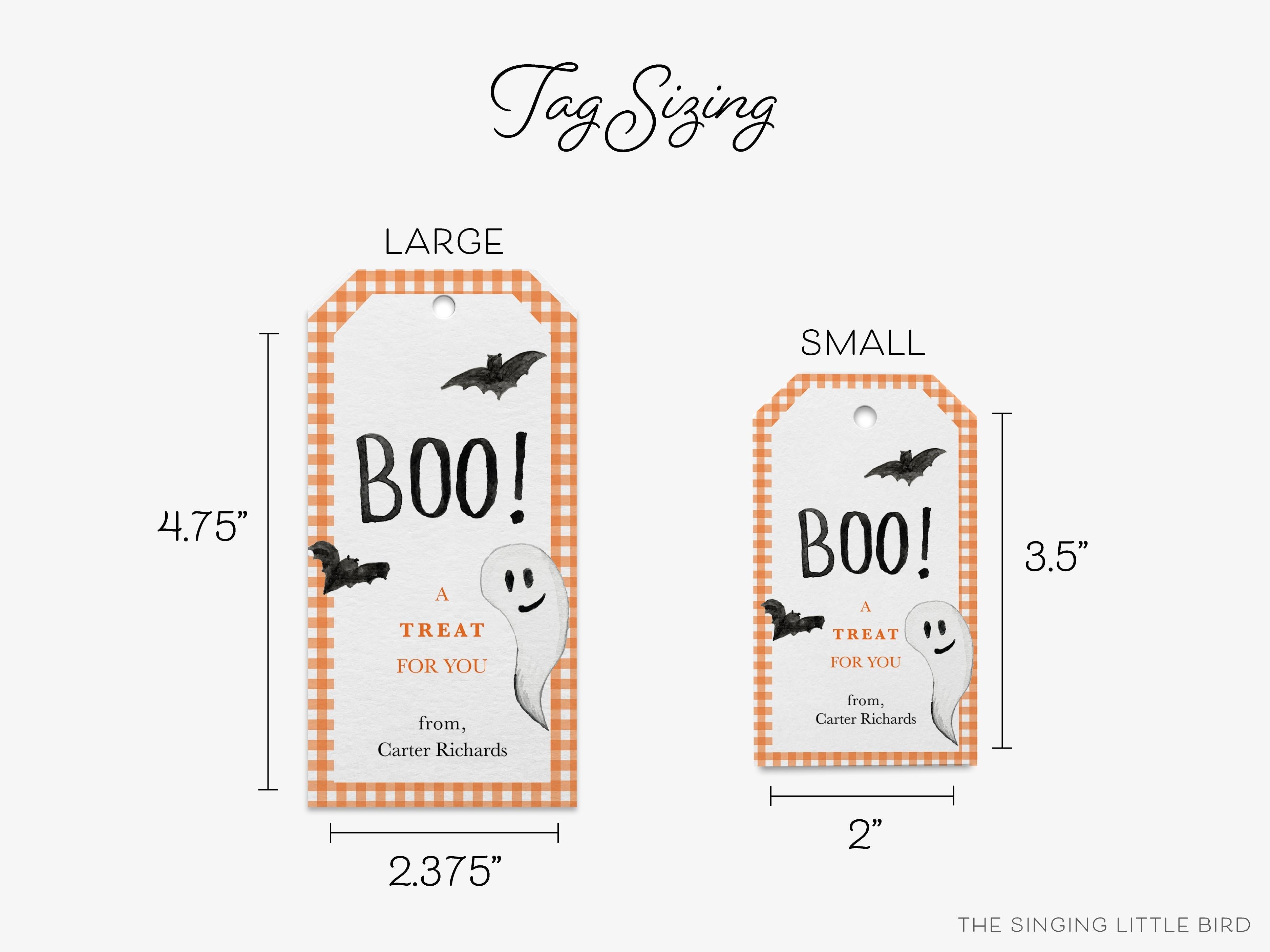 Personalized Boo Halloween Gift Tags-These gift tags come in sets, hole-punched with white twine and feature our hand-painted watercolor bats and ghost, printed in the USA on 120lb textured stock. They make great tags for gifting or gifts for the Halloween lover in your life.-The Singing Little Bird