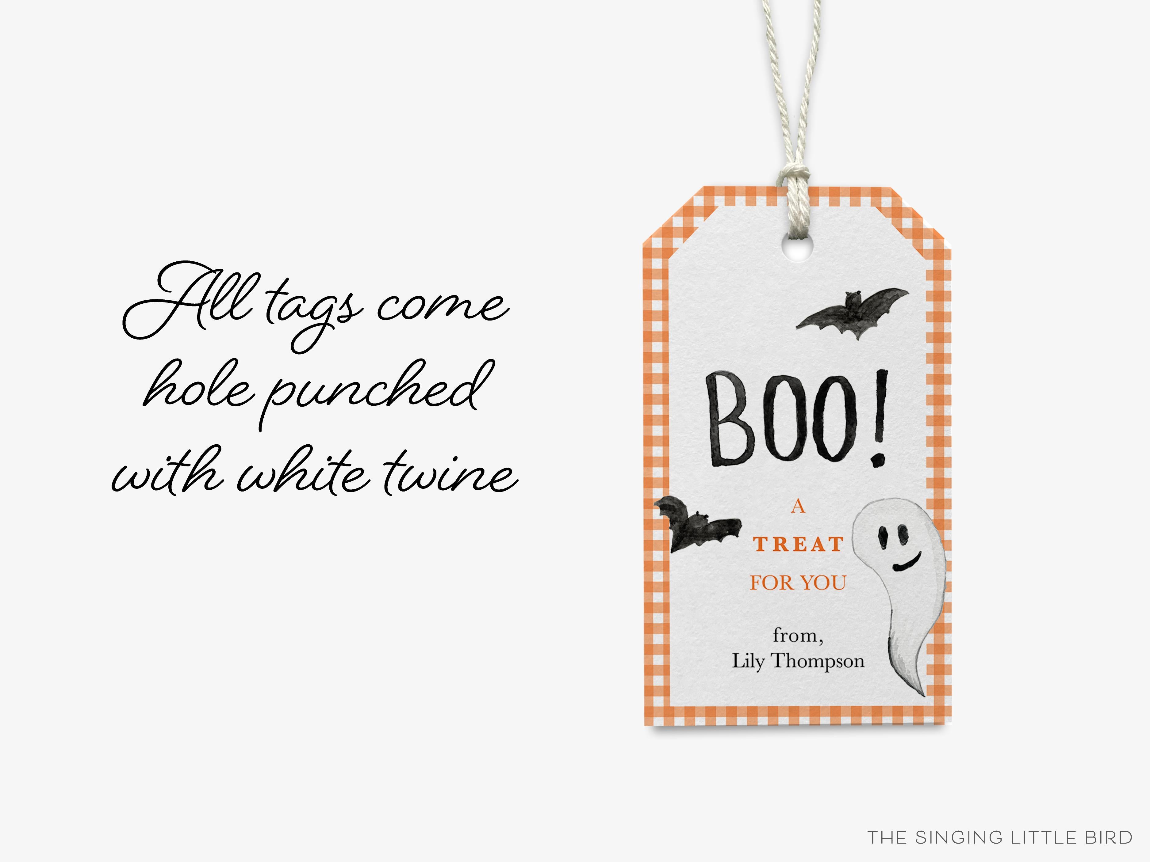 Personalized Boo Halloween Gift Tags-These gift tags come in sets, hole-punched with white twine and feature our hand-painted watercolor bats and ghost, printed in the USA on 120lb textured stock. They make great tags for gifting or gifts for the Halloween lover in your life.-The Singing Little Bird