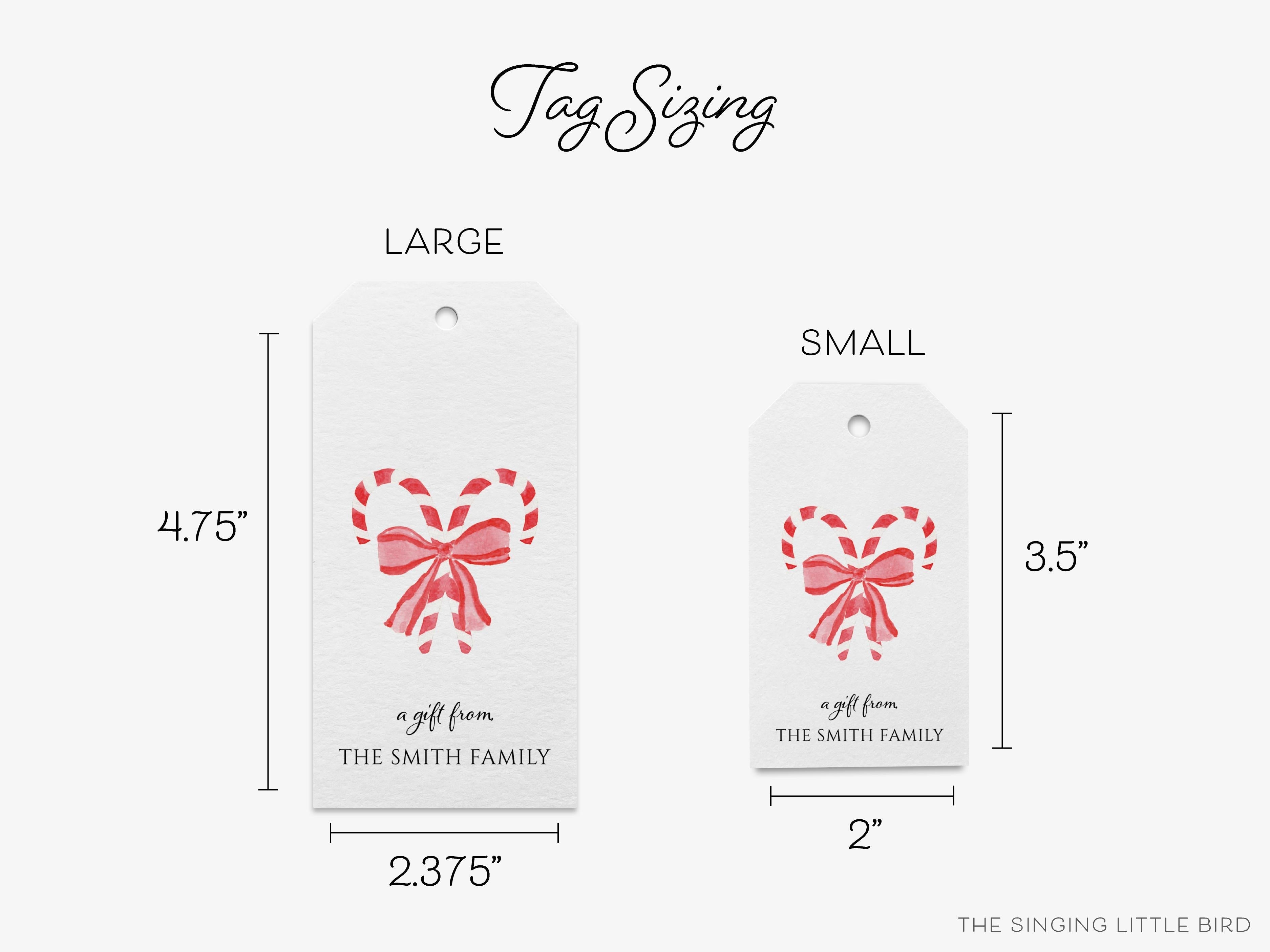 Personalized Candy Cane Christmas Gift Tags-These gift tags come in sets, hole-punched with white twine and feature our hand-painted watercolor candy canes and red bow, printed in the USA on 120lb textured stock. They make great tags for gifting or gifts for the holiday sweet tooth lover in your life.-The Singing Little Bird