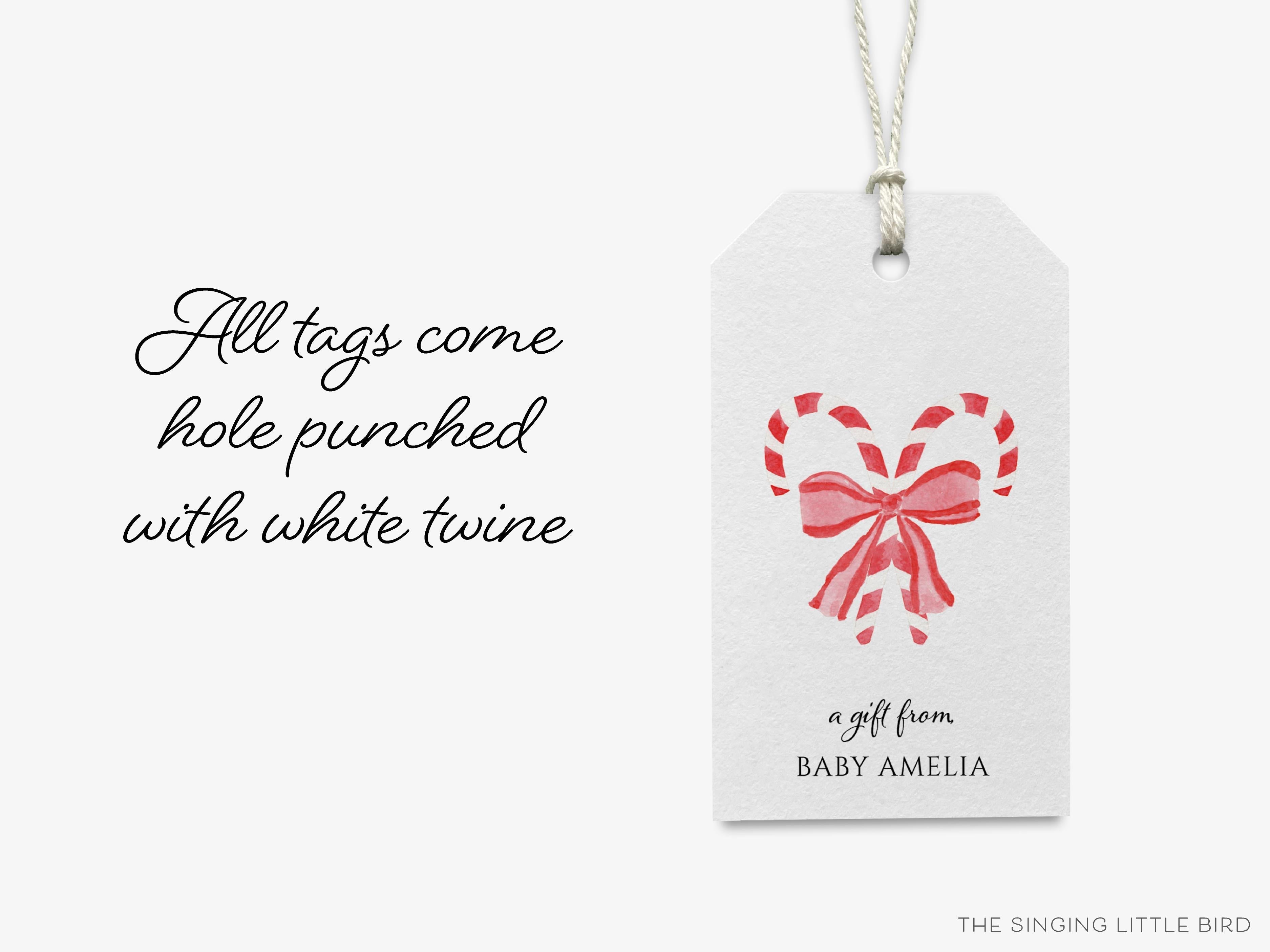 Personalized Candy Cane Christmas Gift Tags-These gift tags come in sets, hole-punched with white twine and feature our hand-painted watercolor candy canes and red bow, printed in the USA on 120lb textured stock. They make great tags for gifting or gifts for the holiday sweet tooth lover in your life.-The Singing Little Bird