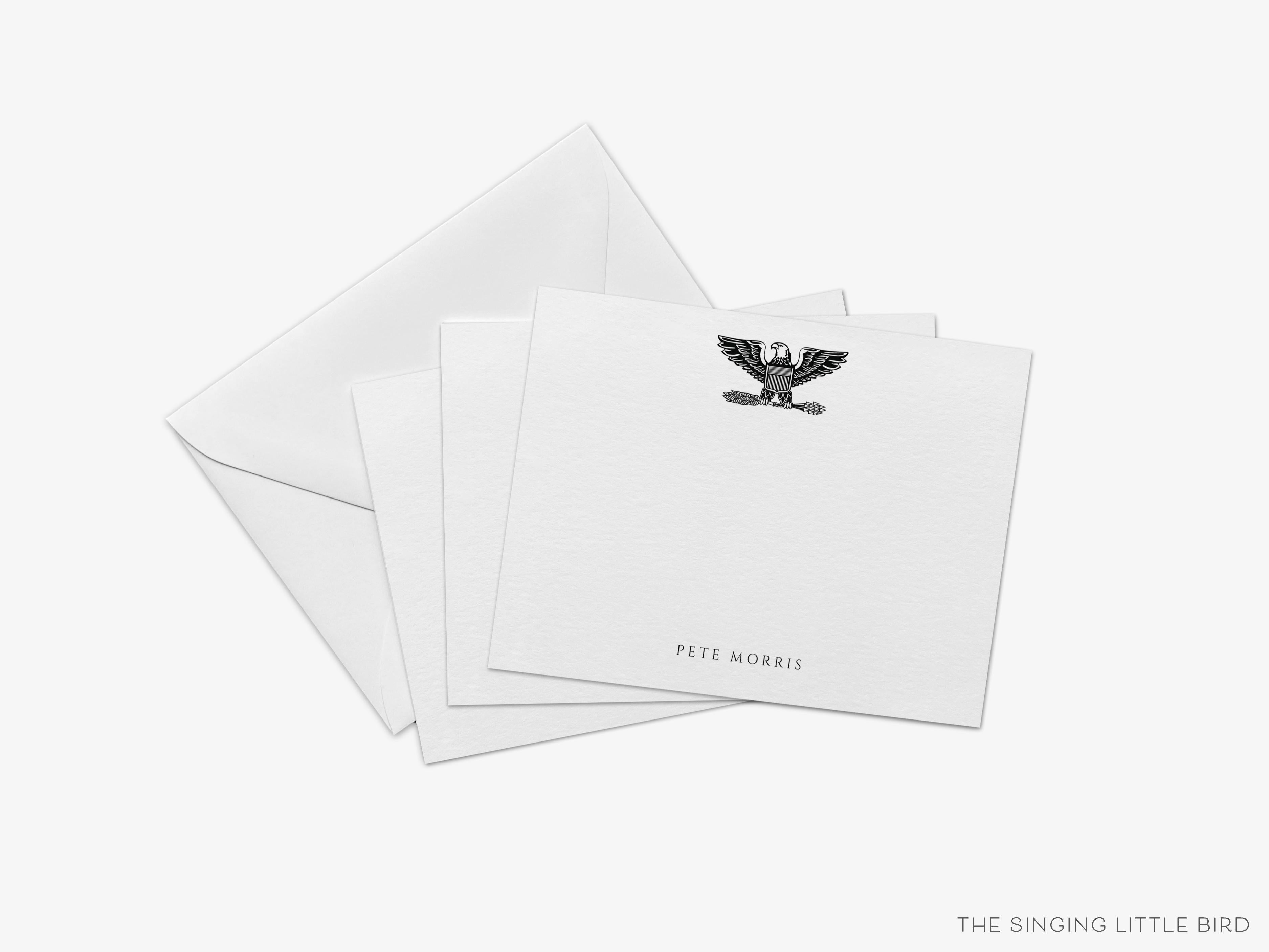 Personalized Captain Colonel Military Flat Notes-These personalized flat notecards are 4.25x5.5 and feature the Eagle Military Emblem, printed in the USA on 120lb textured stock. They come with your choice of envelopes and make great thank yous and gifts for the military person in your life.-The Singing Little Bird