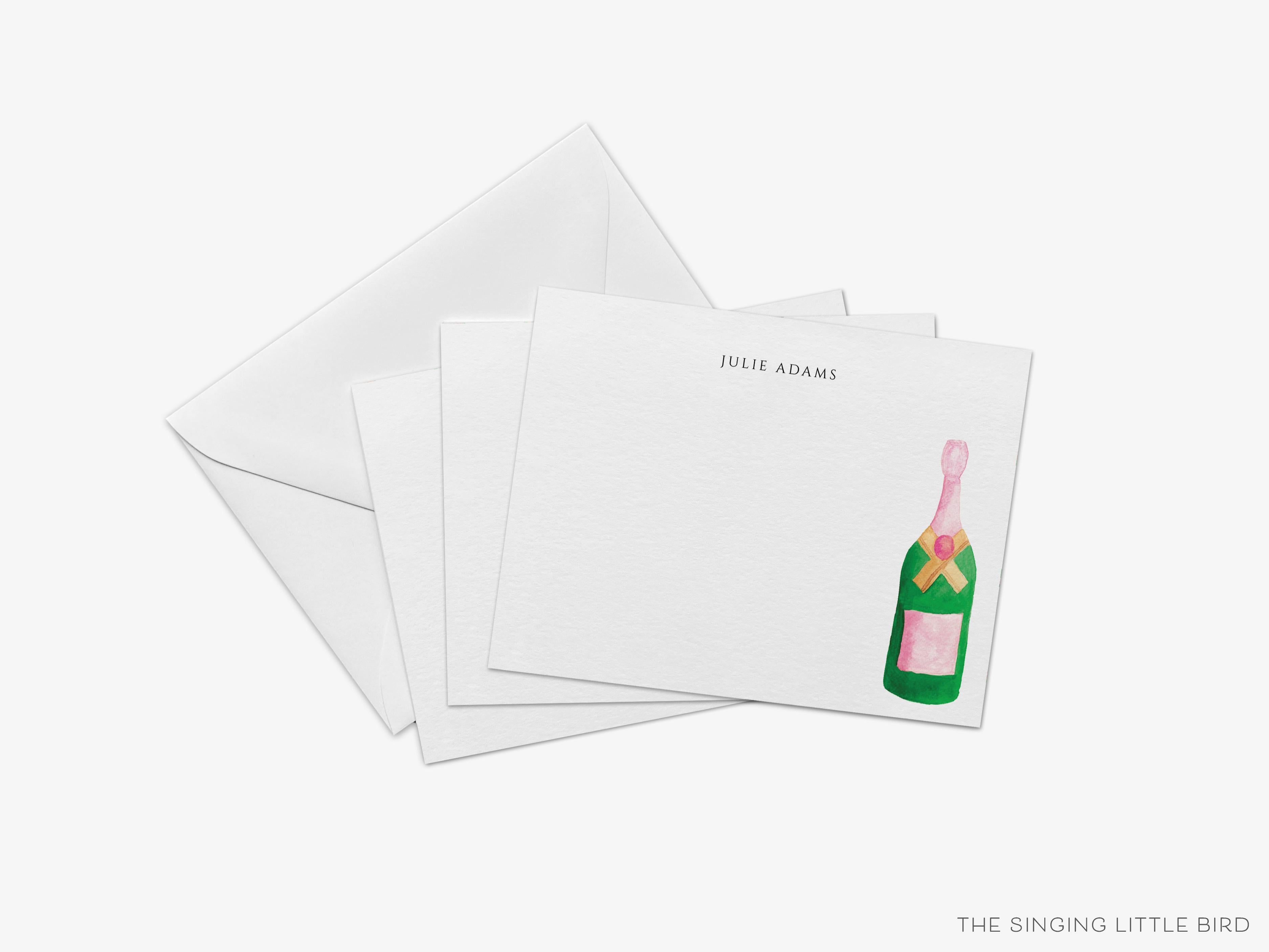 Personalized Champagne Bottle Flat Notes-These personalized flat notecards are 4.25x5.5 and feature our hand-painted watercolor champagne bottle, printed in the USA on 120lb textured stock. They come with your choice of envelopes and make great thank yous and gifts for the bubbly lover in your life.-The Singing Little Bird