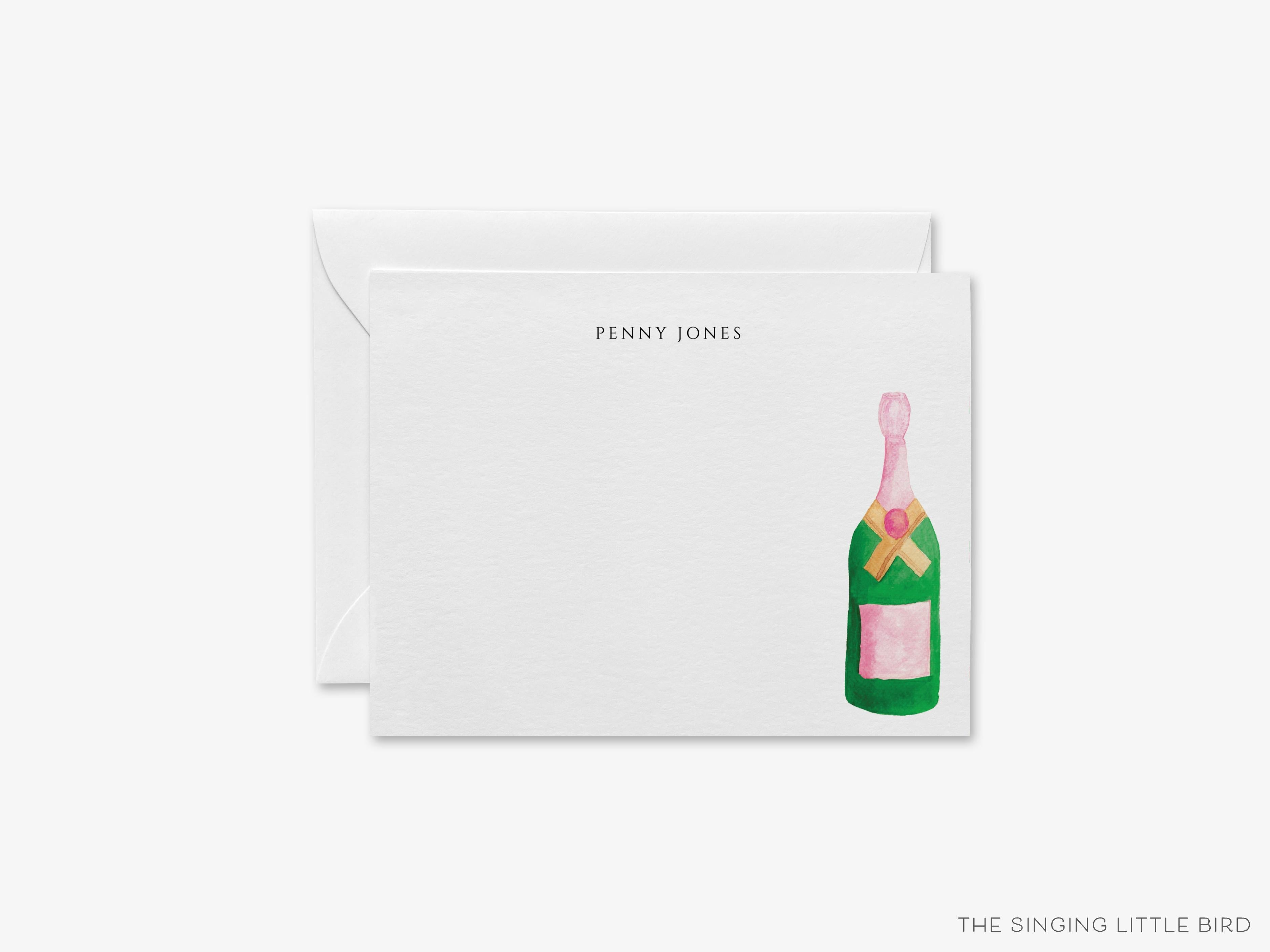 Personalized Champagne Bottle Flat Notes-These personalized flat notecards are 4.25x5.5 and feature our hand-painted watercolor champagne bottle, printed in the USA on 120lb textured stock. They come with your choice of envelopes and make great thank yous and gifts for the bubbly lover in your life.-The Singing Little Bird