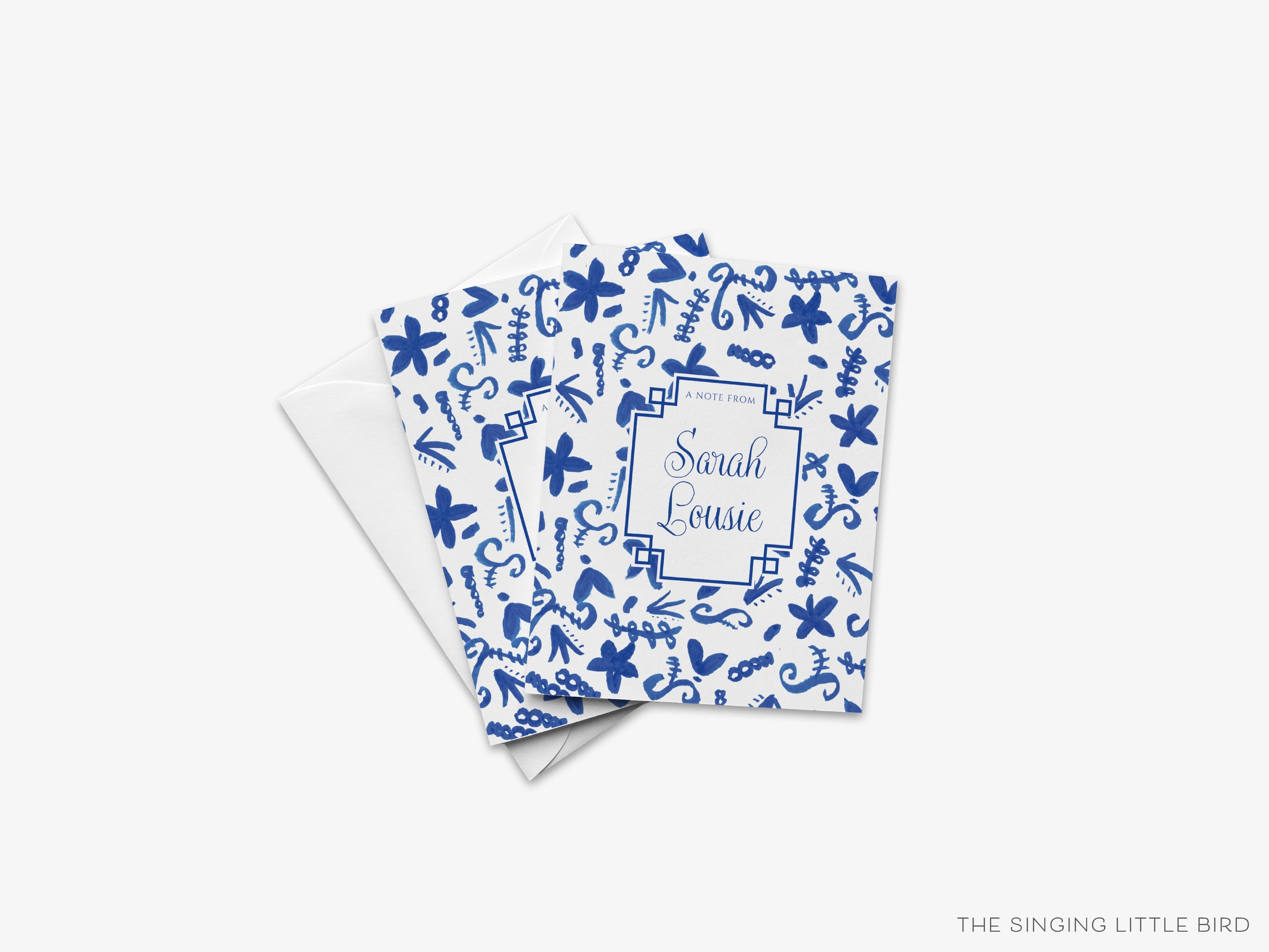 Personalized Chinoiserie Greeting Cards-These folded greeting cards are 4.25x5.5 and feature our hand-painted blue and white floral pattern, printed in the USA on 100lb textured stock. They come with a White or Kraft envelope and make a great just because card for the chinoiserie lover in your life.-The Singing Little Bird