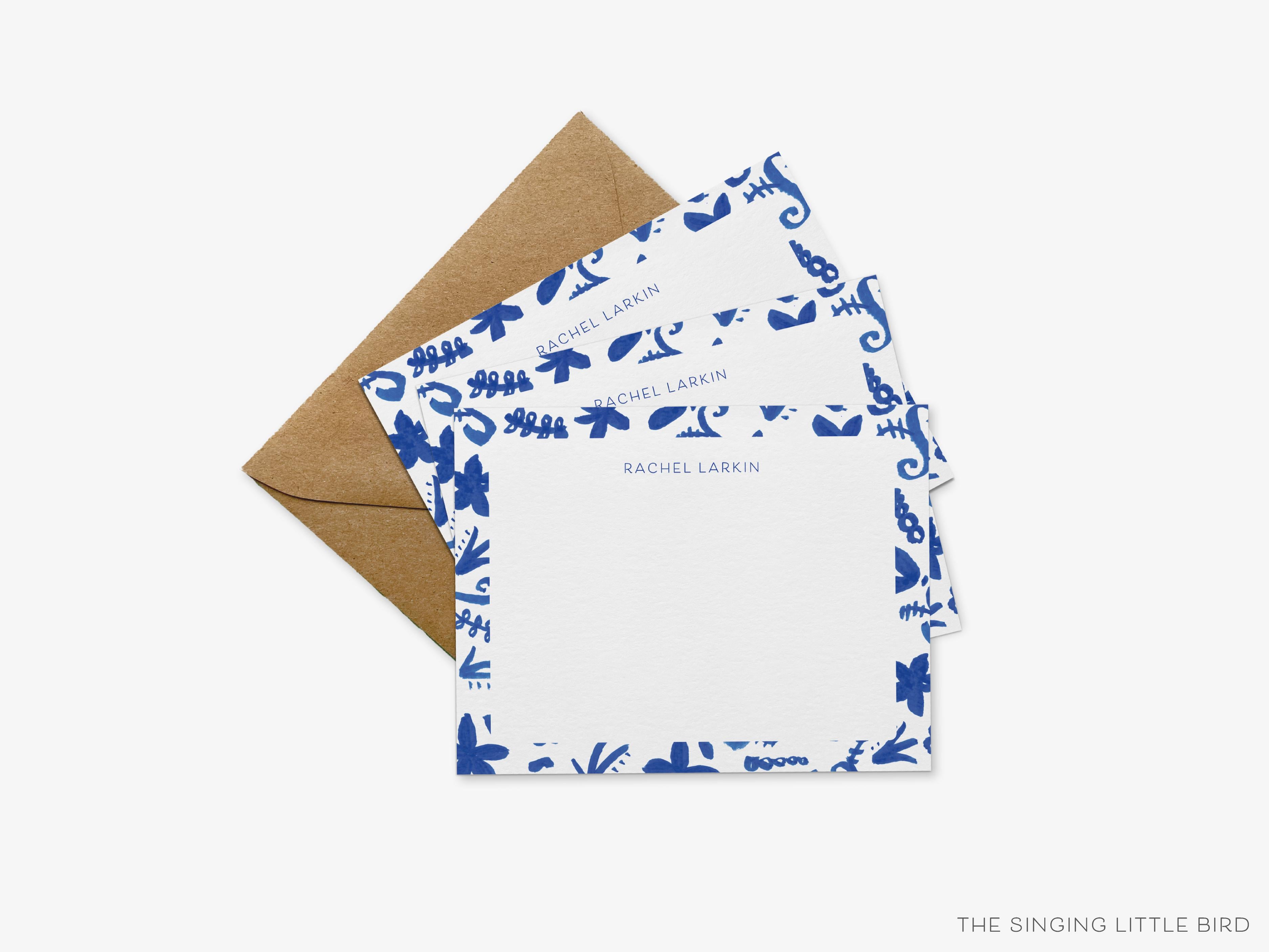Personalized Chinoiserie Pattern Flat Notes-These personalized flat notecards are 4.25x5.5 and feature our hand-painted watercolor blue floral pattern, printed in the USA on 120lb textured stock. They come with your choice of envelopes and make great thank yous and gifts for the chinoiserie lover in your life.-The Singing Little Bird