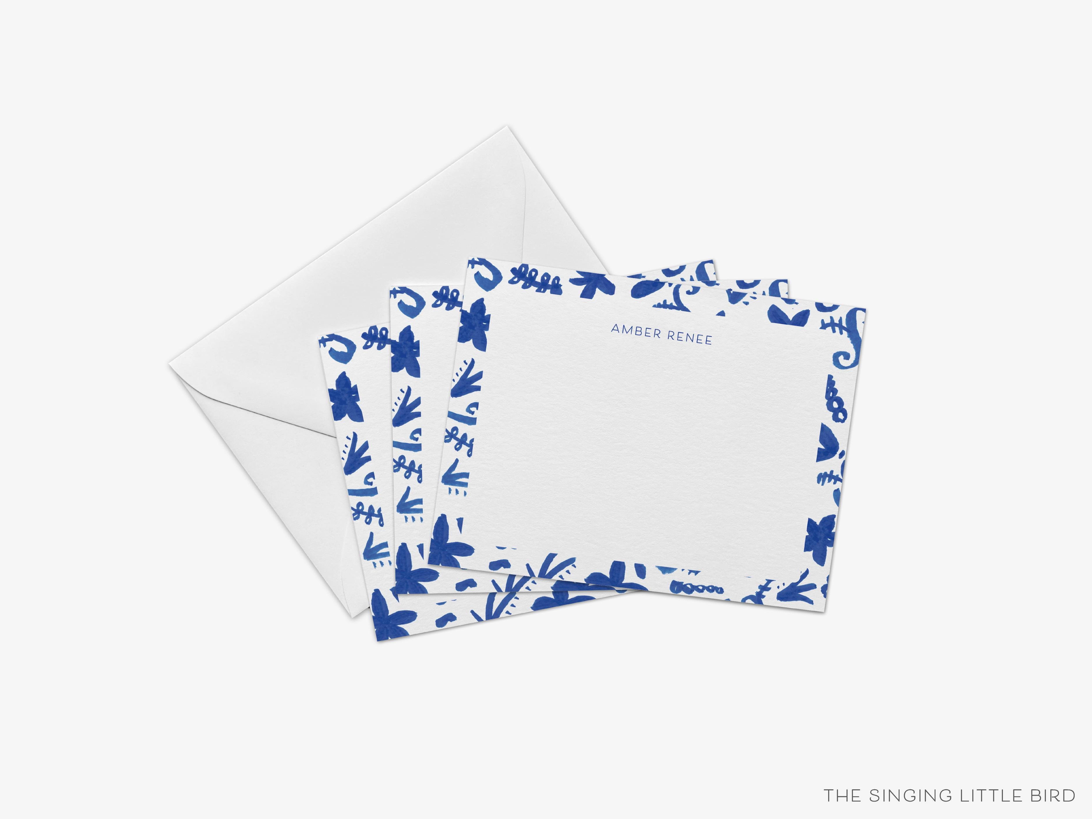 Personalized Chinoiserie Pattern Flat Notes-These personalized flat notecards are 4.25x5.5 and feature our hand-painted watercolor blue floral pattern, printed in the USA on 120lb textured stock. They come with your choice of envelopes and make great thank yous and gifts for the chinoiserie lover in your life.-The Singing Little Bird