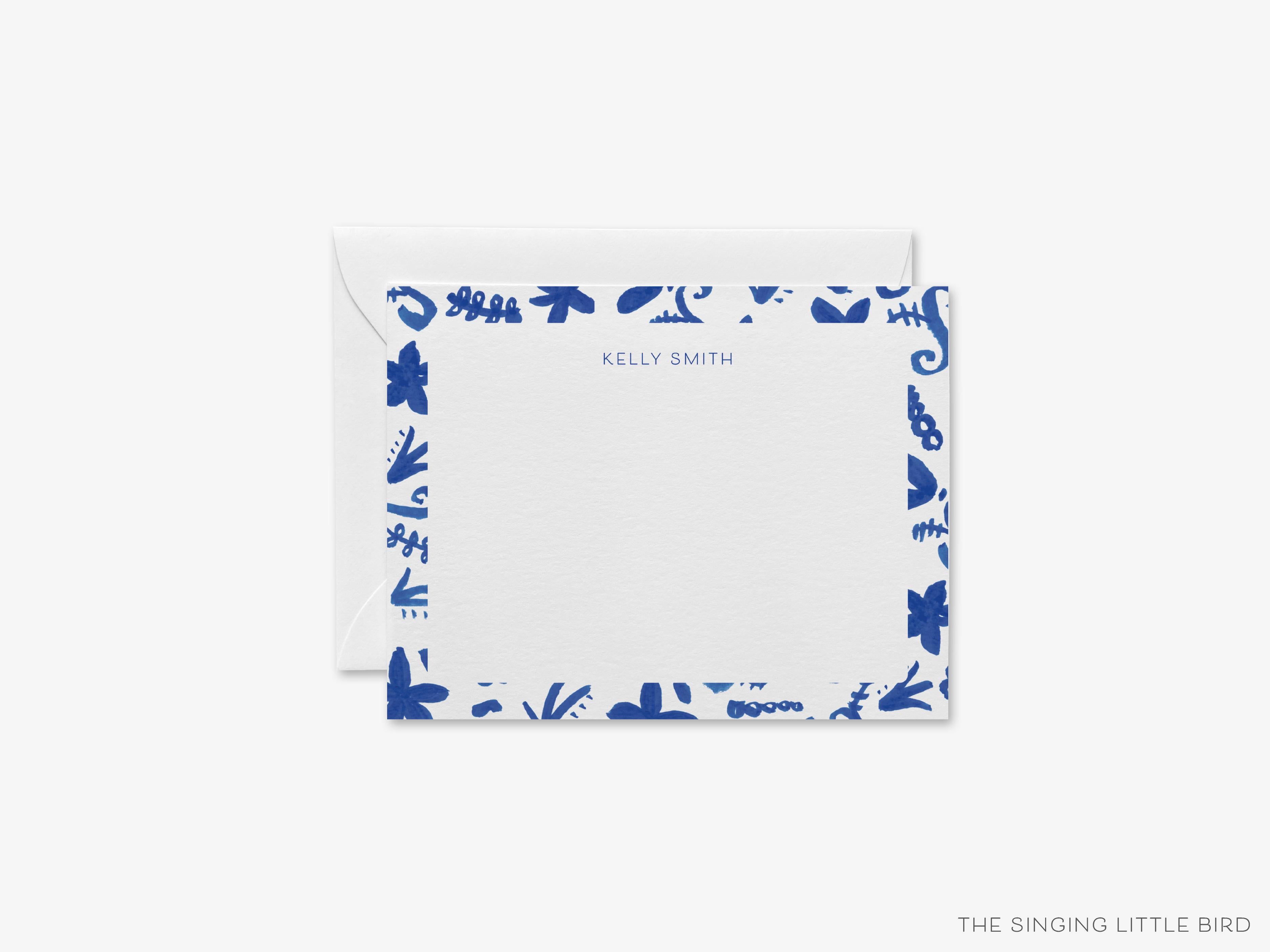 Personalized Chinoiserie Pattern Flat Notes-These personalized flat notecards are 4.25x5.5 and feature our hand-painted watercolor blue floral pattern, printed in the USA on 120lb textured stock. They come with your choice of envelopes and make great thank yous and gifts for the chinoiserie lover in your life.-The Singing Little Bird