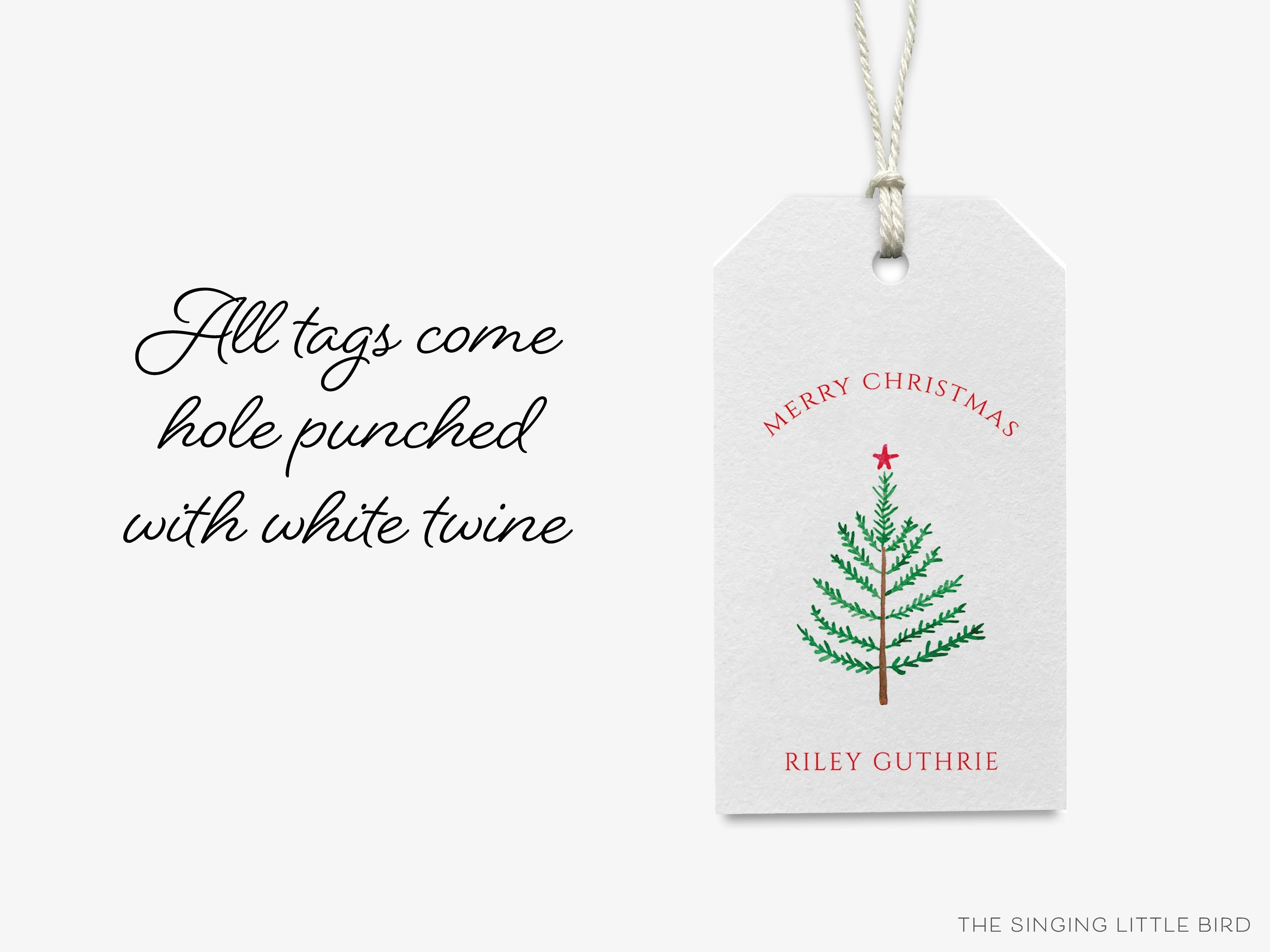 Personalized Christmas Evergreen Branch Gift Tags-These gift tags come in sets, hole-punched with white twine and feature our hand-painted watercolor evergreen branch, printed in the USA on 120lb textured stock. They make great tags for gifting or gifts for the holiday lover in your life.-The Singing Little Bird