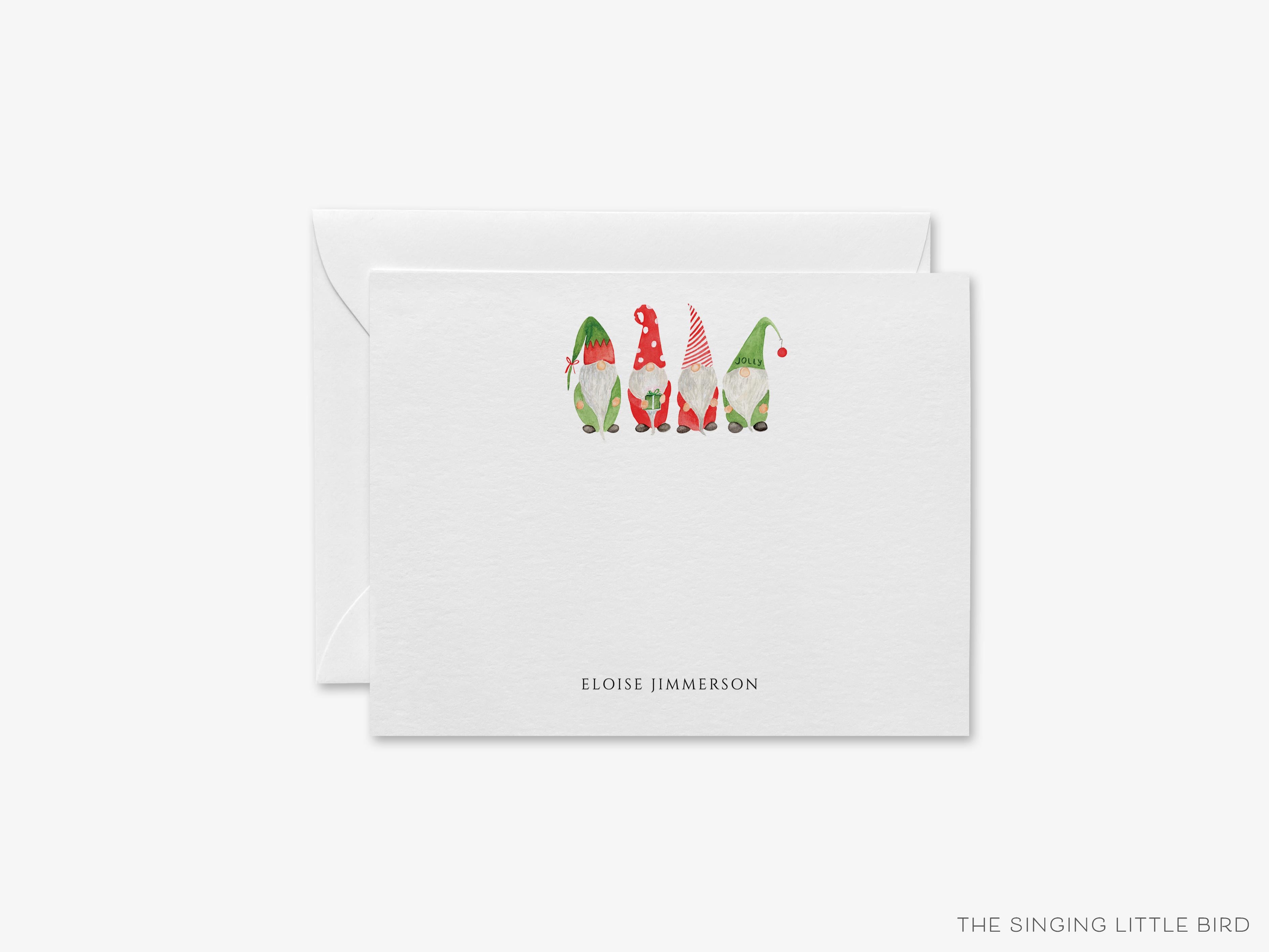Personalized Christmas Gnome Flat Notes-These personalized flat notecards are 4.25x5.5 and feature our hand-painted watercolor Gnomes, printed in the USA on 120lb textured stock. They come with your choice of envelopes and make great thank yous and gifts for the gnome lover in your life.-The Singing Little Bird