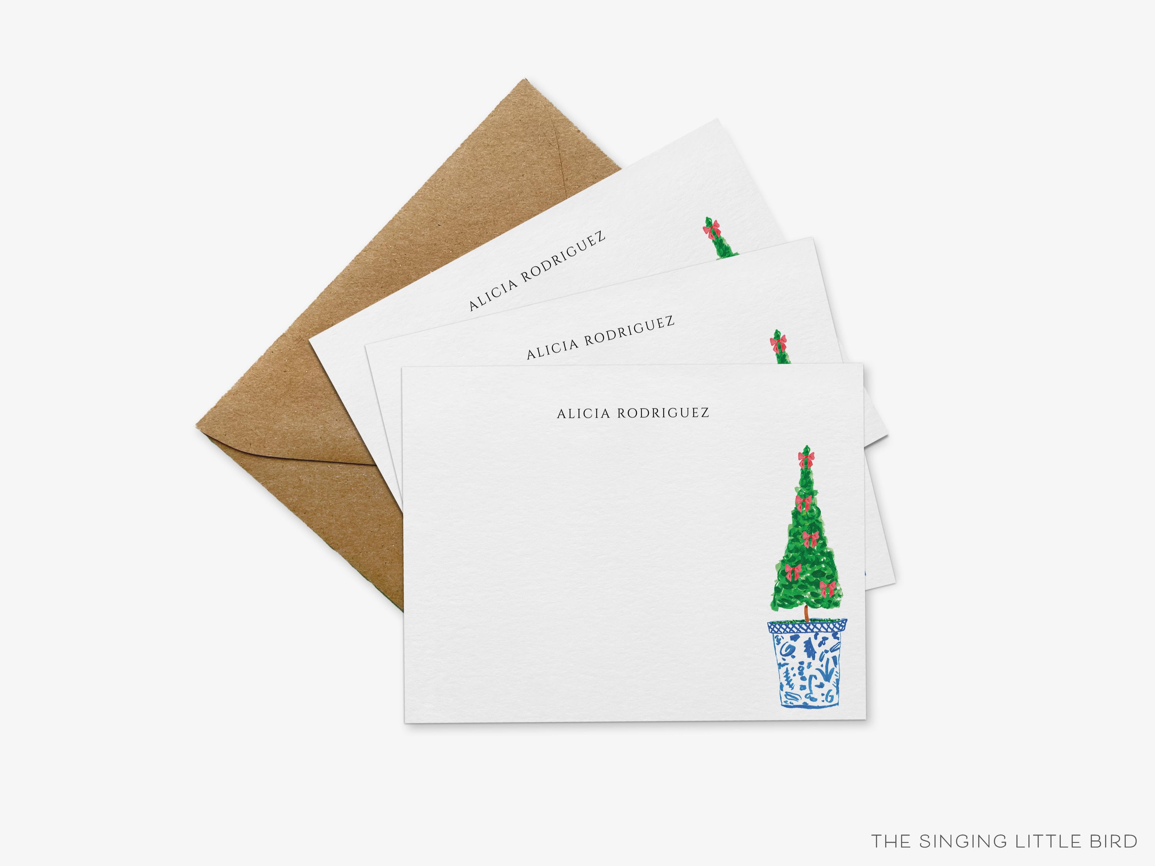 Personalized Christmas Topiary Flat Notes-These personalized flat notecards are 4.25x5.5 and feature our hand-painted watercolor topiary in a ginger Jar, printed in the USA on 120lb textured stock. They come with your choice of envelopes and make great thank yous and gifts for the Christmas and chinoiserie lover in your life.-The Singing Little Bird