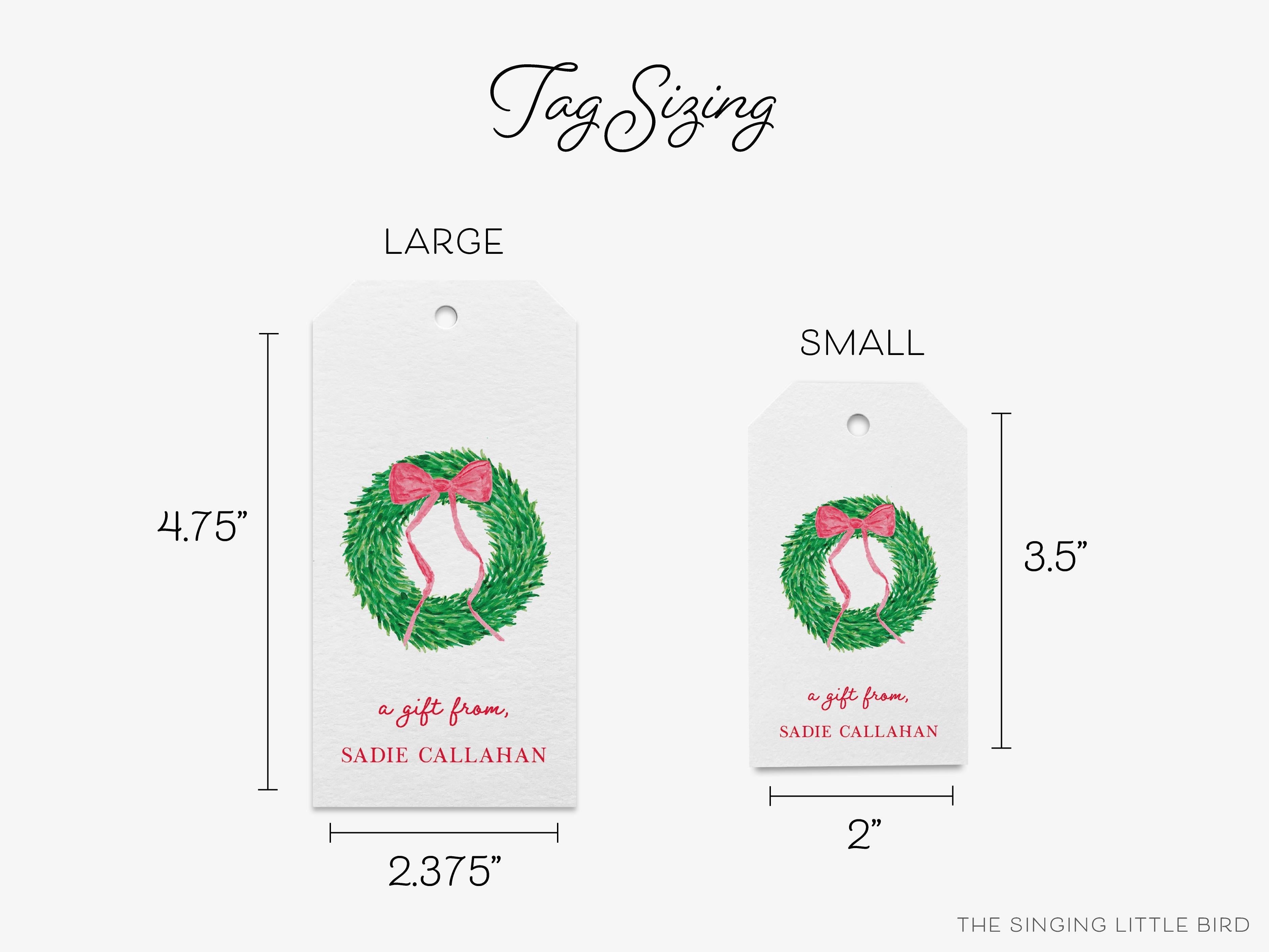 Personalized Christmas Wreath Gift Tags-These gift tags come in sets, hole-punched with white twine and feature our hand-painted watercolor wreath with a red bow, printed in the USA on 120lb textured stock. They make great tags for gifting or gifts for the holiday lover in your life.-The Singing Little Bird