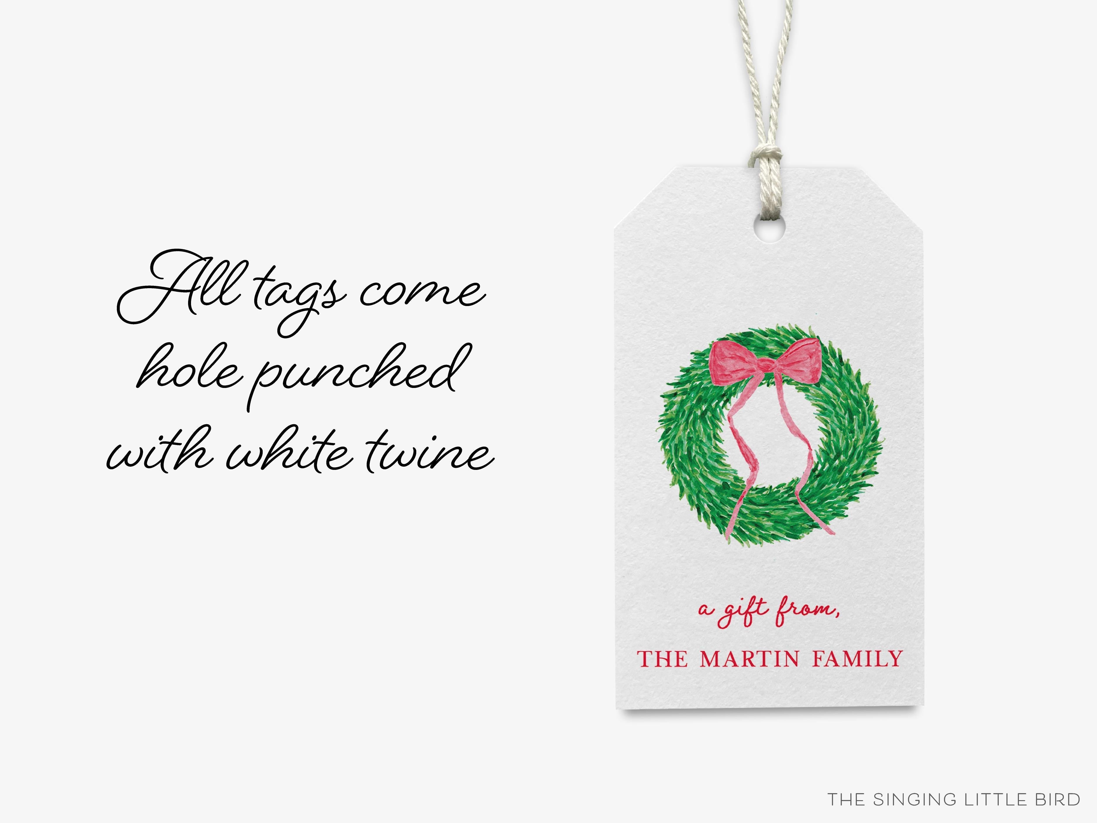 Personalized Christmas Wreath Gift Tags-These gift tags come in sets, hole-punched with white twine and feature our hand-painted watercolor wreath with a red bow, printed in the USA on 120lb textured stock. They make great tags for gifting or gifts for the holiday lover in your life.-The Singing Little Bird