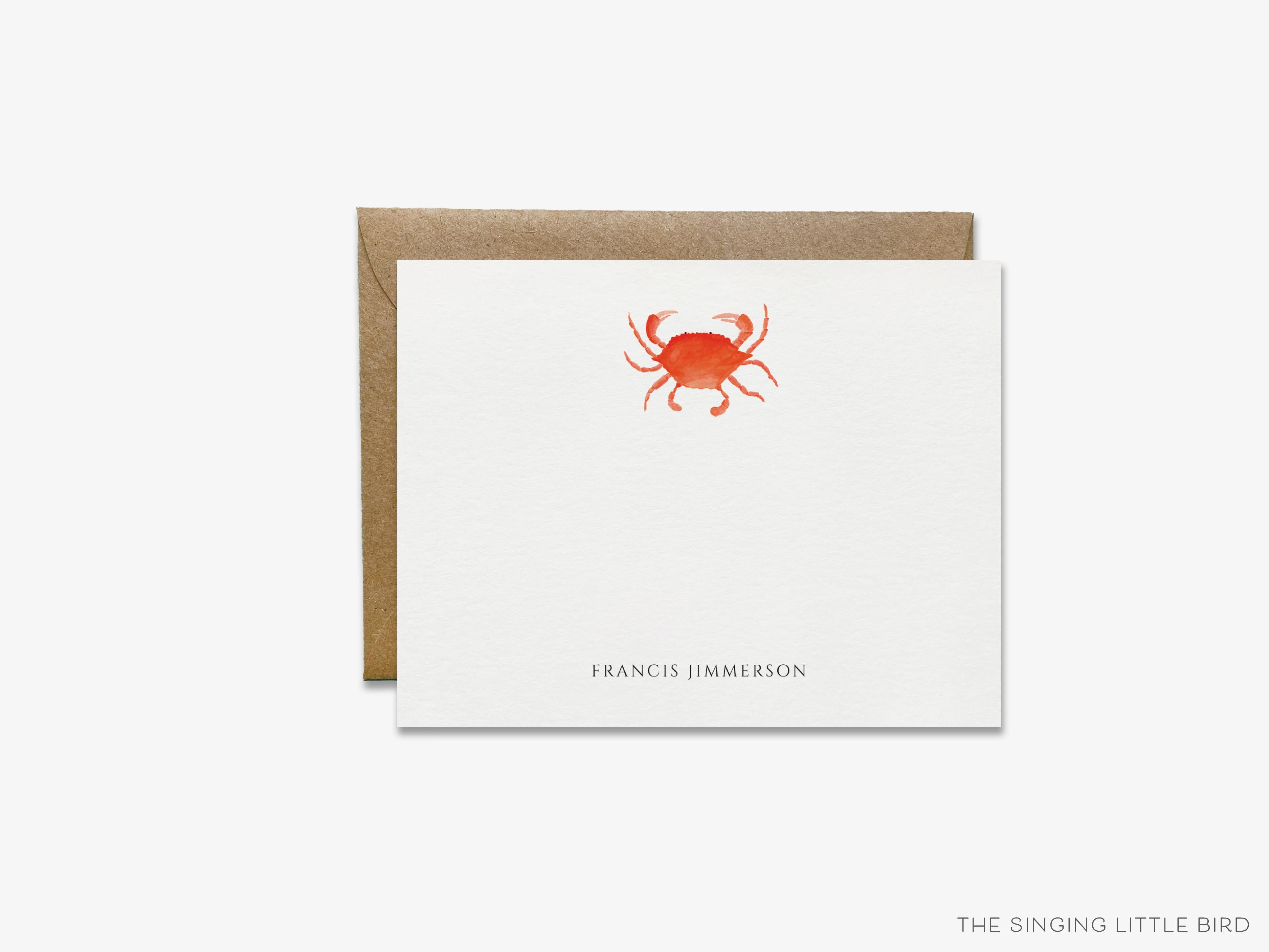 Personalized Crab Flat Notes-These personalized flat notecards are 4.25x5.5 and feature our hand-painted watercolor Crab, printed in the USA on 120lb textured stock. They come with your choice of envelopes and make great thank yous and gifts for the beach lover in your life.-The Singing Little Bird