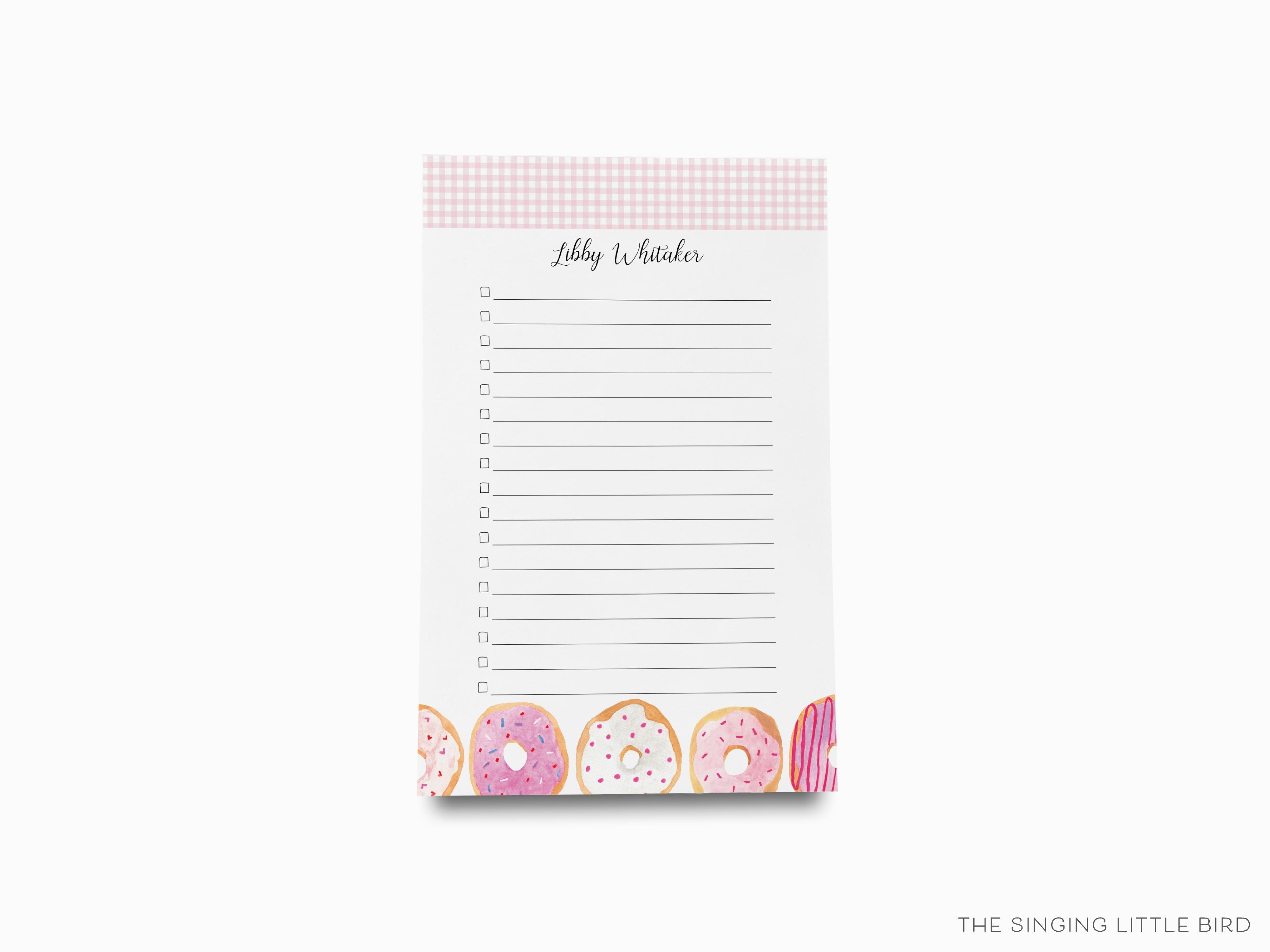 Personalized Donut Notepad-These personalized notepads feature our hand-painted watercolor donuts, printed in the USA on a beautiful smooth stock. You choose which size you want (or bundled together for a beautiful gift set) and makes a great gift for the checklist and sweet tooth lover in your life.-The Singing Little Bird