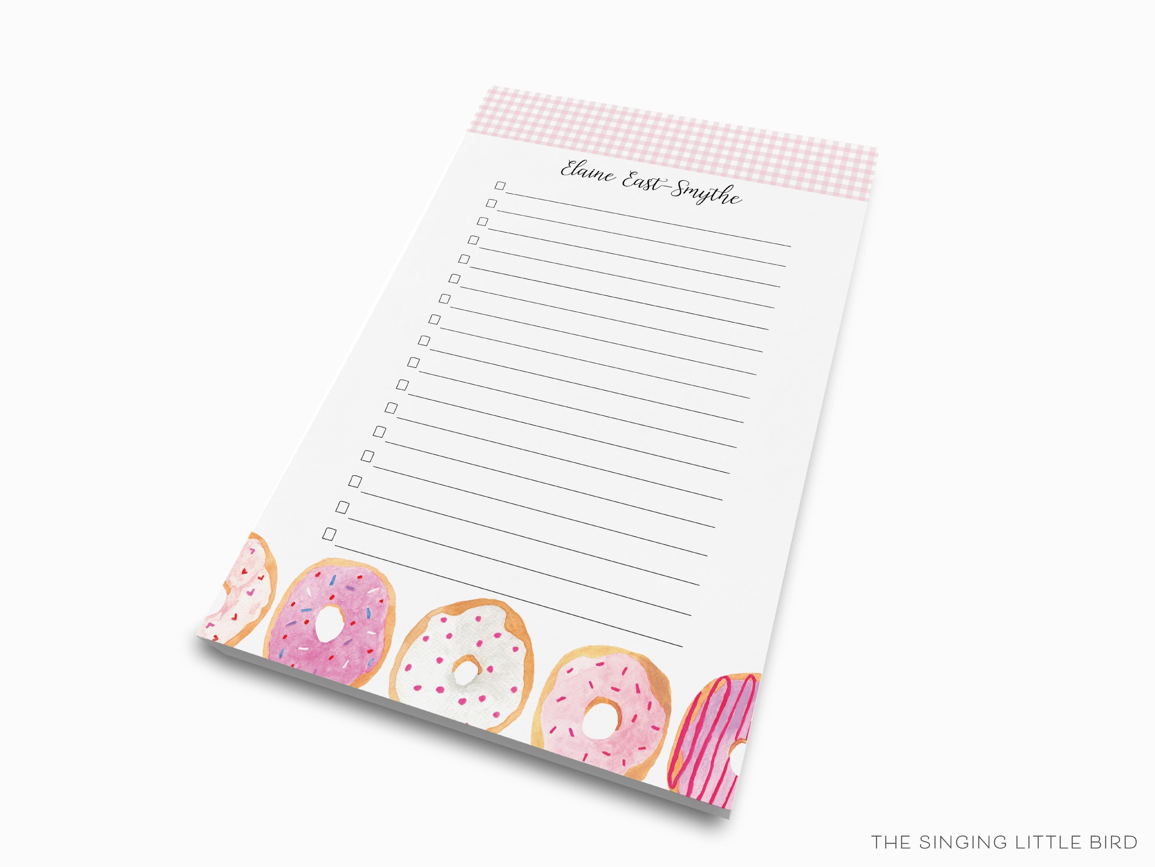 Personalized Donut Notepad-These personalized notepads feature our hand-painted watercolor donuts, printed in the USA on a beautiful smooth stock. You choose which size you want (or bundled together for a beautiful gift set) and makes a great gift for the checklist and sweet tooth lover in your life.-The Singing Little Bird