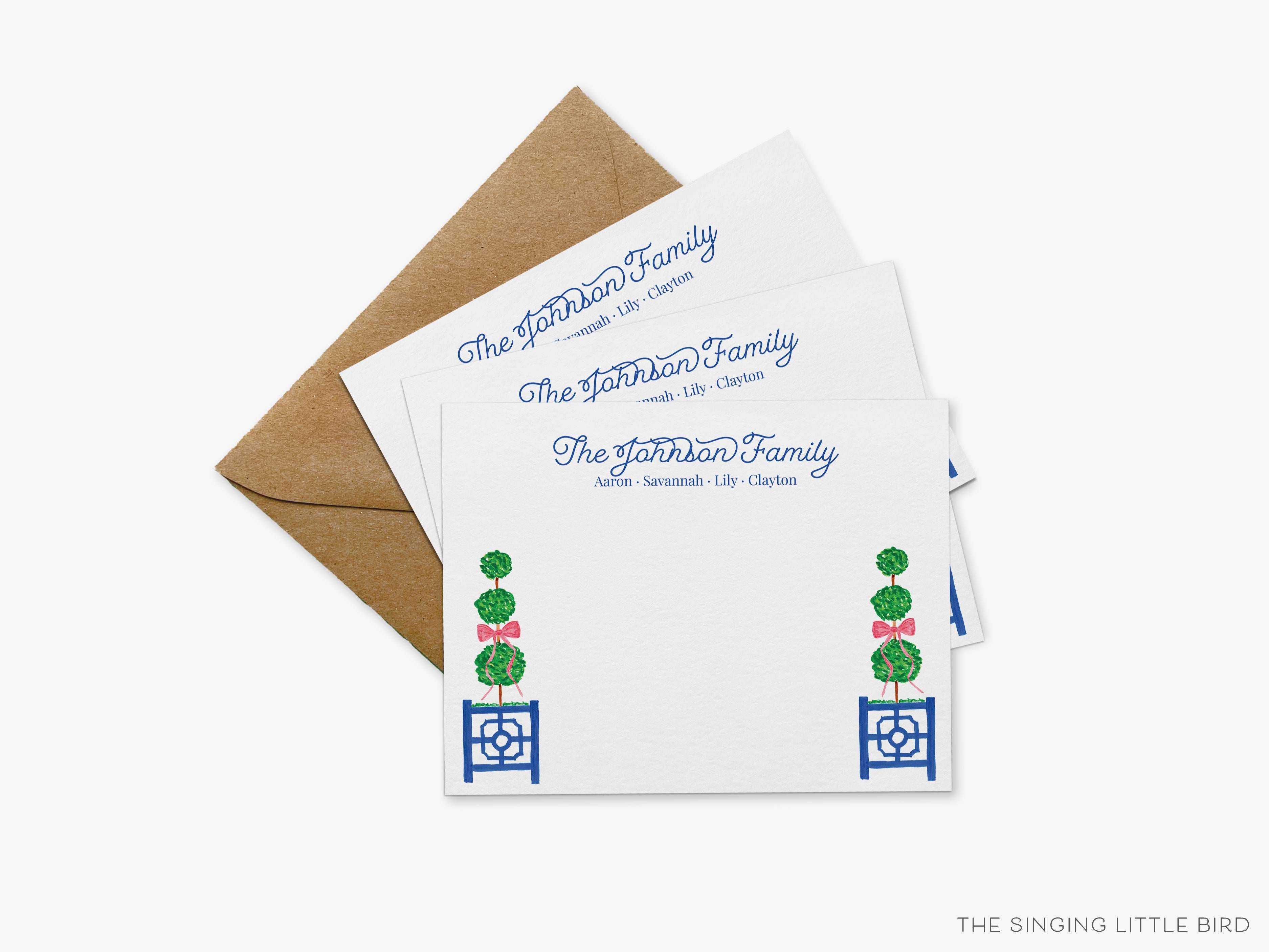 Personalized Family Christmas Topiary Flat Notes-These personalized flat notecards are 4.25x5.5 and feature our hand-painted watercolor topiary in a ginger Jar, printed in the USA on 120lb textured stock. They come with your choice of envelopes and make great thank yous and gifts for the Christmas and chinoiserie lover in your life.-The Singing Little Bird