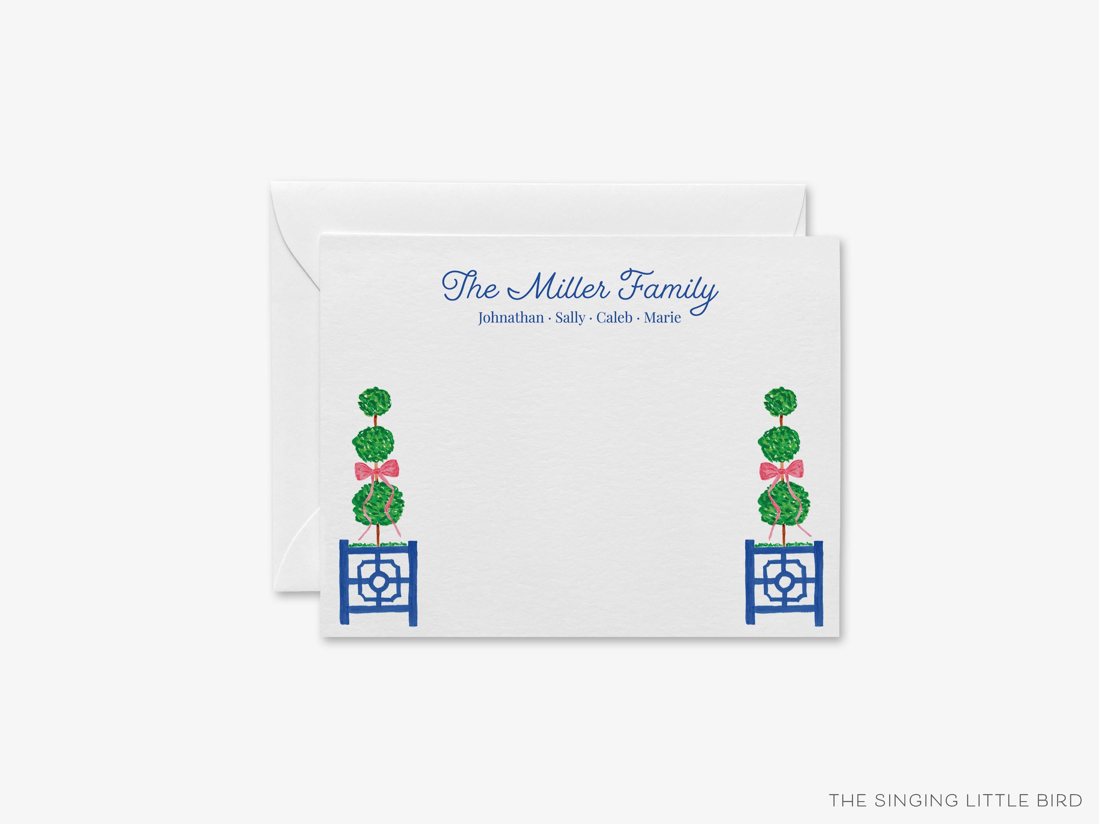 Personalized Family Christmas Topiary Flat Notes-These personalized flat notecards are 4.25x5.5 and feature our hand-painted watercolor topiary in a ginger Jar, printed in the USA on 120lb textured stock. They come with your choice of envelopes and make great thank yous and gifts for the Christmas and chinoiserie lover in your life.-The Singing Little Bird