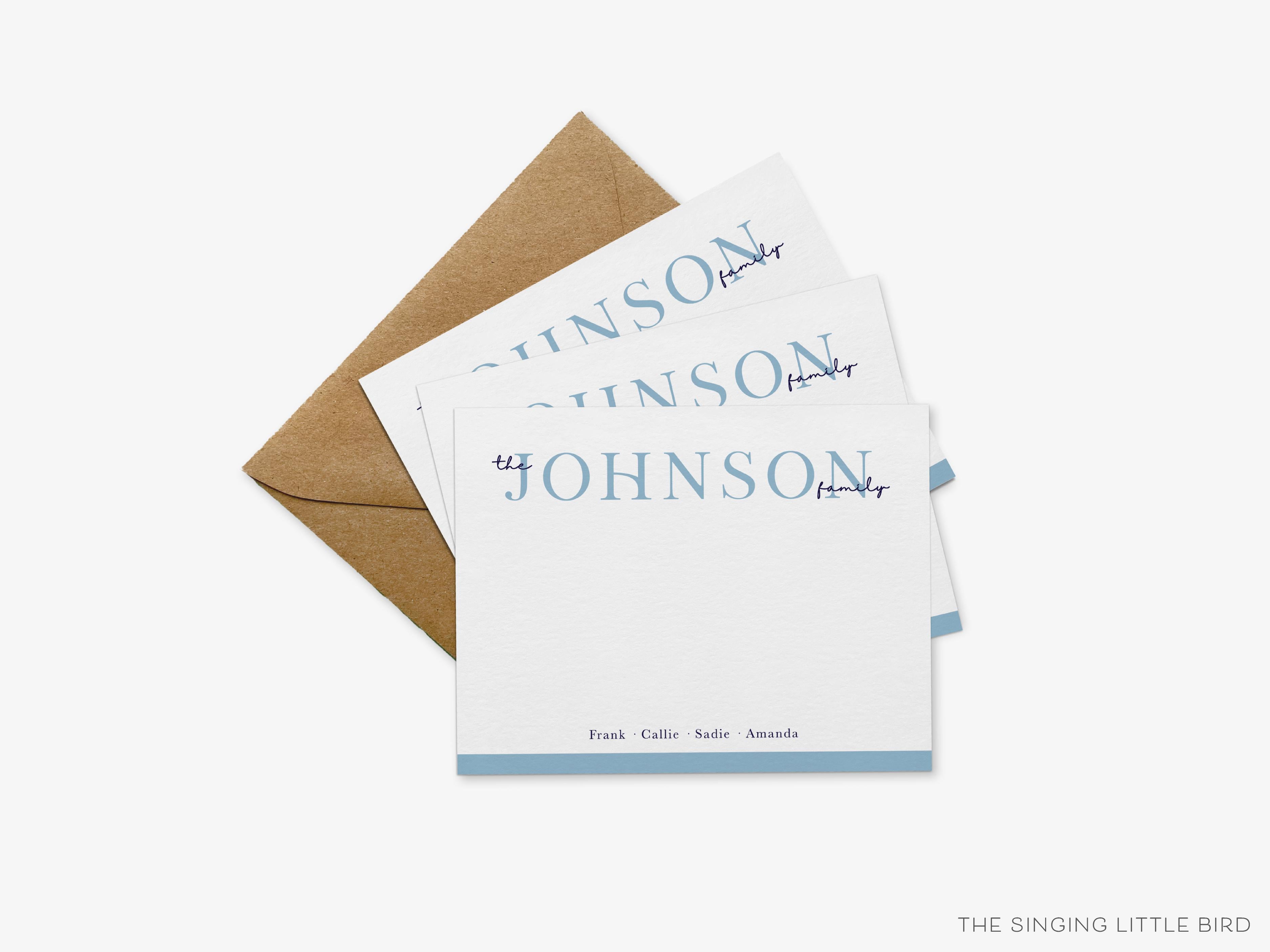 Personalized Family Duo Color Flat Notes-These personalized flat notecards are 4.25x5.5 and feature our hand-painted watercolor color print, printed in the USA on 120lb textured stock. They come with your choice of envelopes and make great thank yous and gifts for the family lover in your life.-The Singing Little Bird