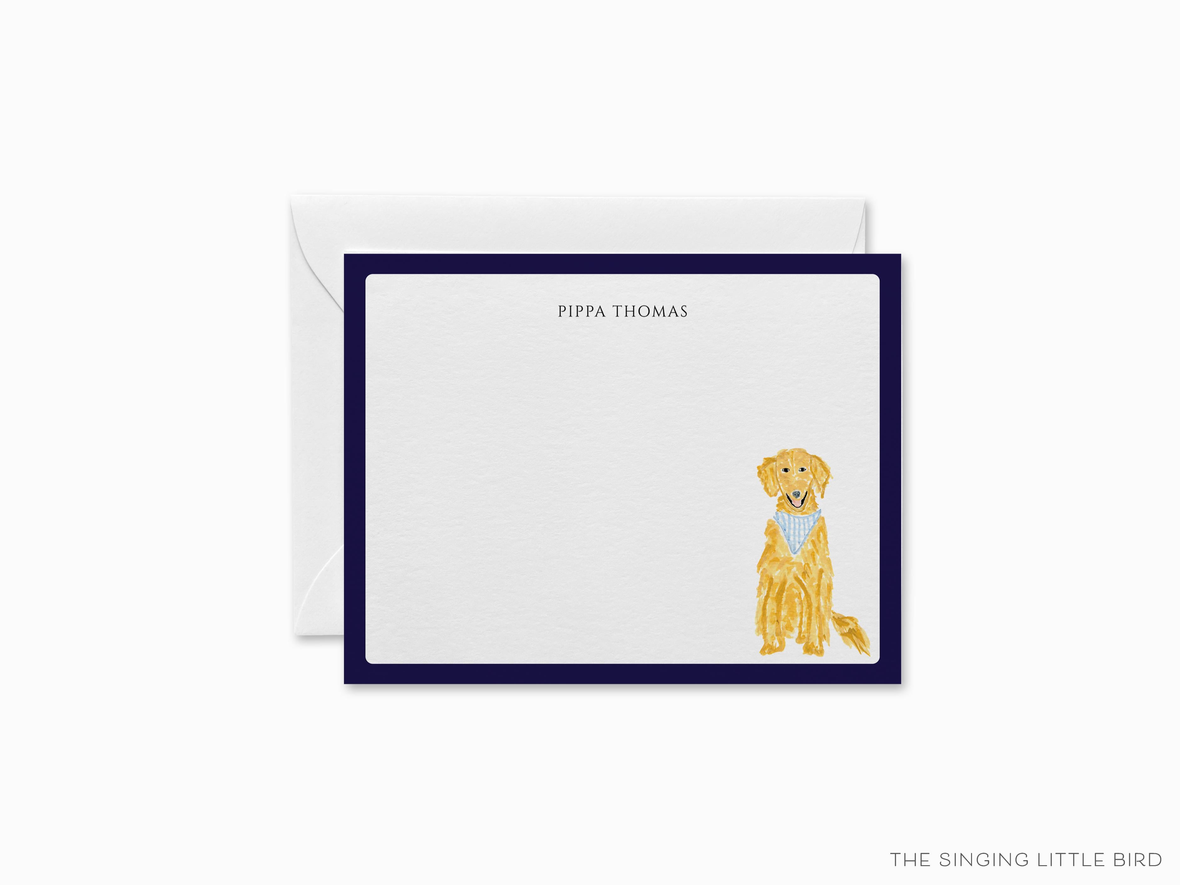 Personalized Golden Retriever Flat Notes-These personalized flat notecards are 4.25x5.5 and feature our hand-painted watercolor dog, printed in the USA on 120lb textured stock. They come with your choice of envelopes and make great thank yous and gifts for the puppy lover in your life.-The Singing Little Bird
