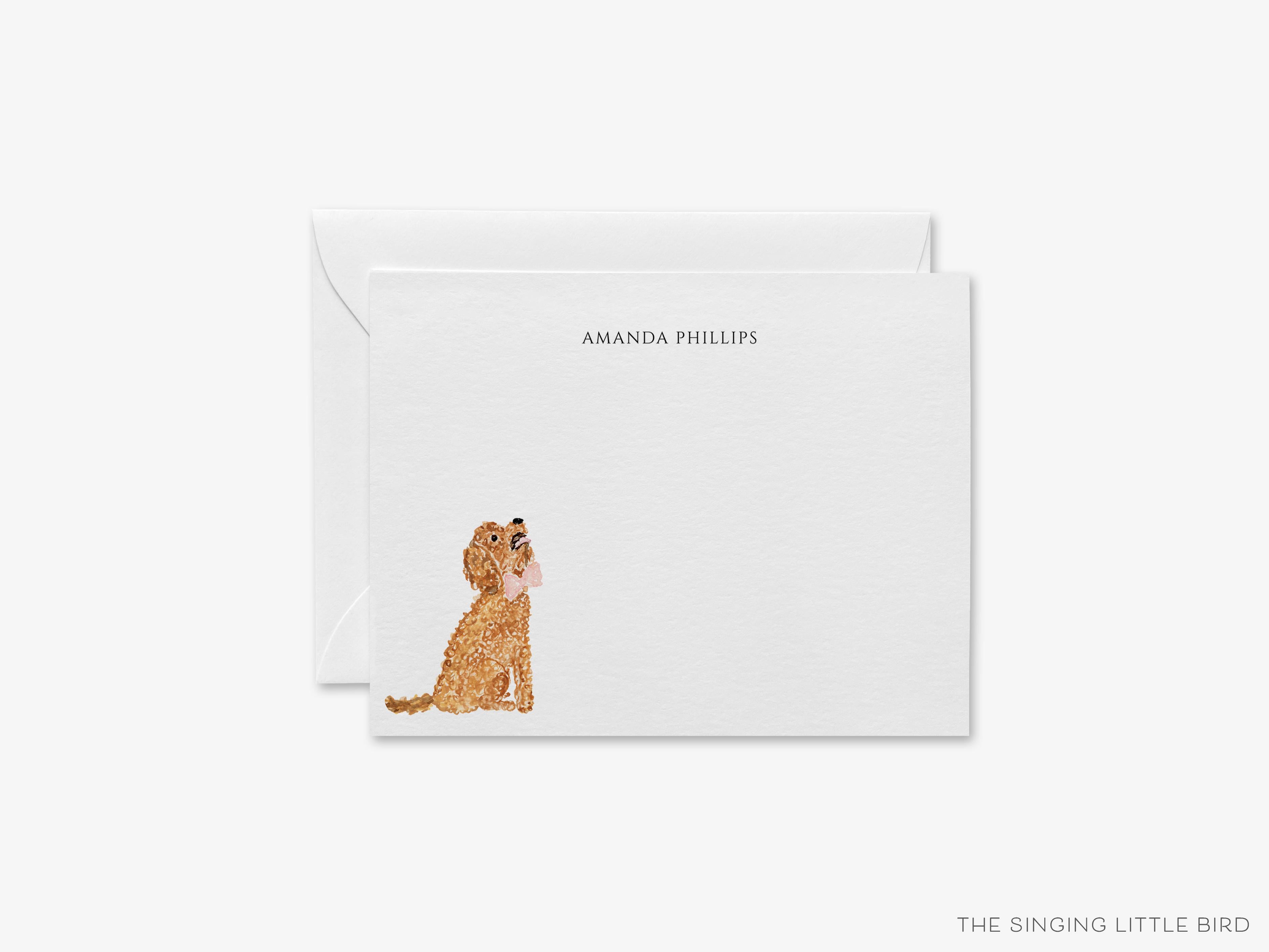 Personalized Goldendoodle Flat Notes-These personalized flat notecards are 4.25x5.5 and feature our hand-painted watercolor goldendoodle, printed in the USA on 120lb textured stock. They come with your choice of envelopes and make great thank yous and gifts for the puppy lover in your life.-The Singing Little Bird