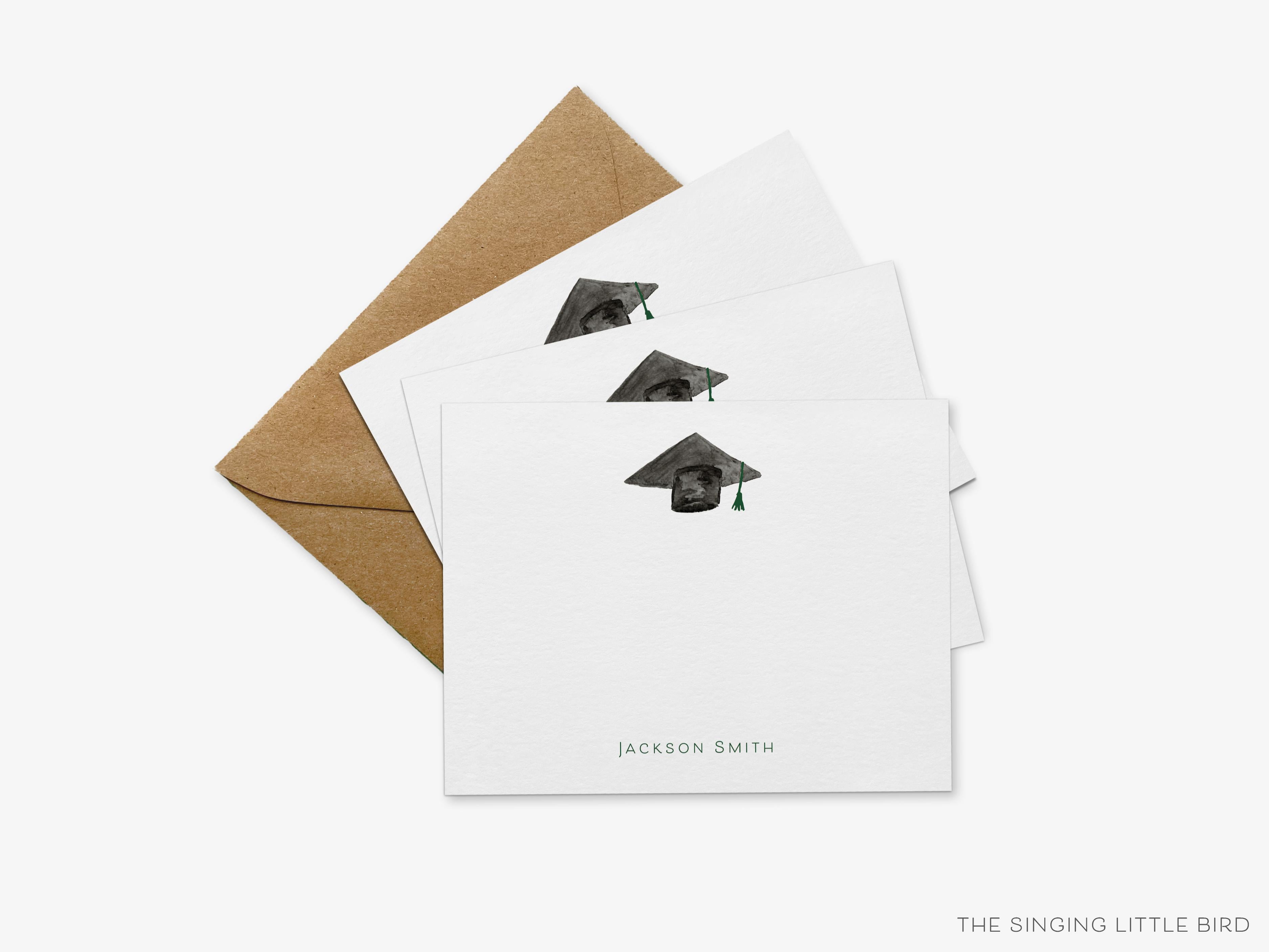 Personalized Graduation Cap Flat Notes-These personalized flat graduation announcements are 4.25x5.5 and feature our hand-painted watercolor graduation cap, printed in the USA on 120lb textured stock. They come with your choice of envelopes and make great gifts or thank you cards for the graduate in your life.-The Singing Little Bird