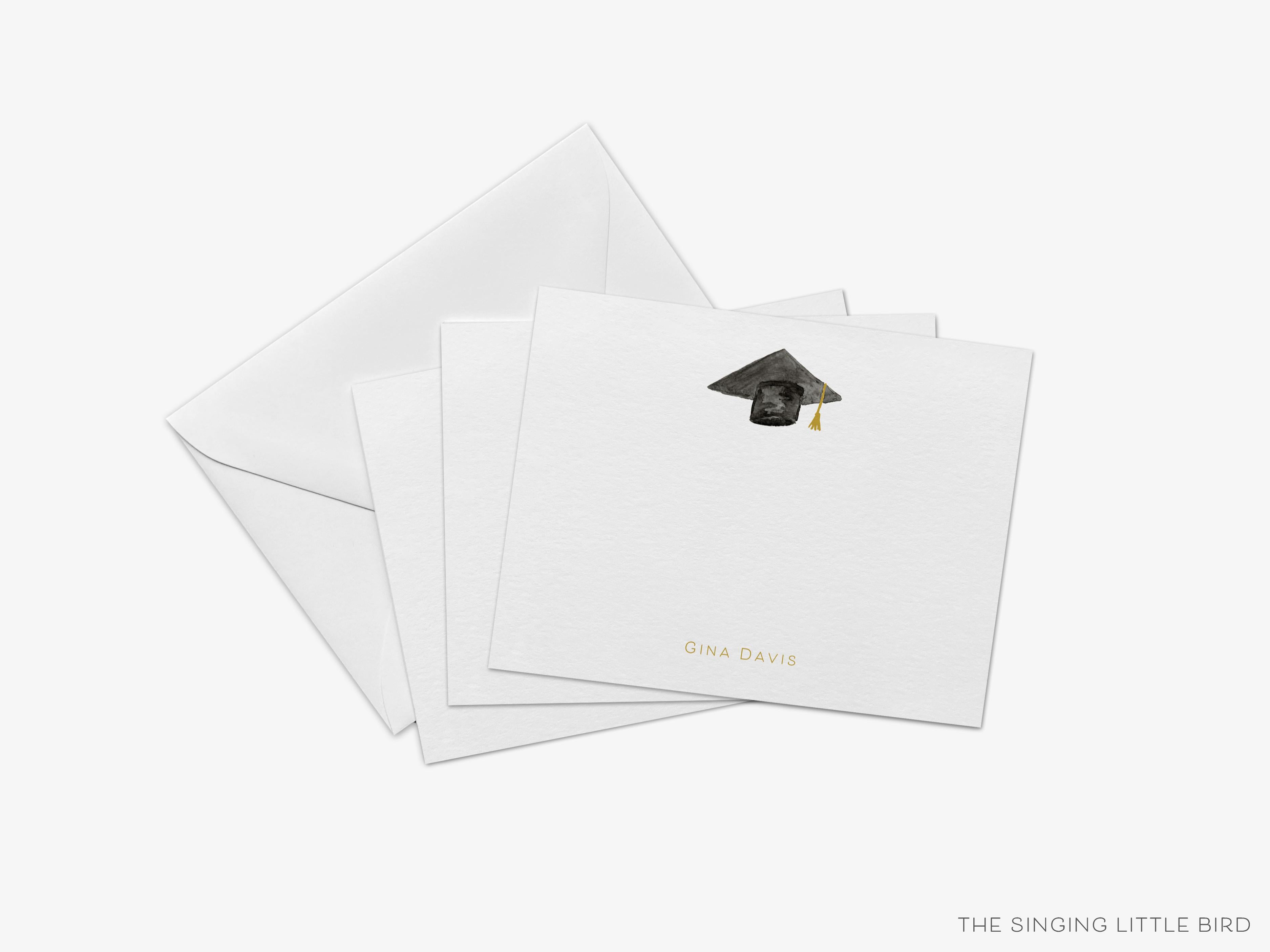 Personalized Graduation Cap Flat Notes-These personalized flat graduation announcements are 4.25x5.5 and feature our hand-painted watercolor graduation cap, printed in the USA on 120lb textured stock. They come with your choice of envelopes and make great gifts or thank you cards for the graduate in your life.-The Singing Little Bird