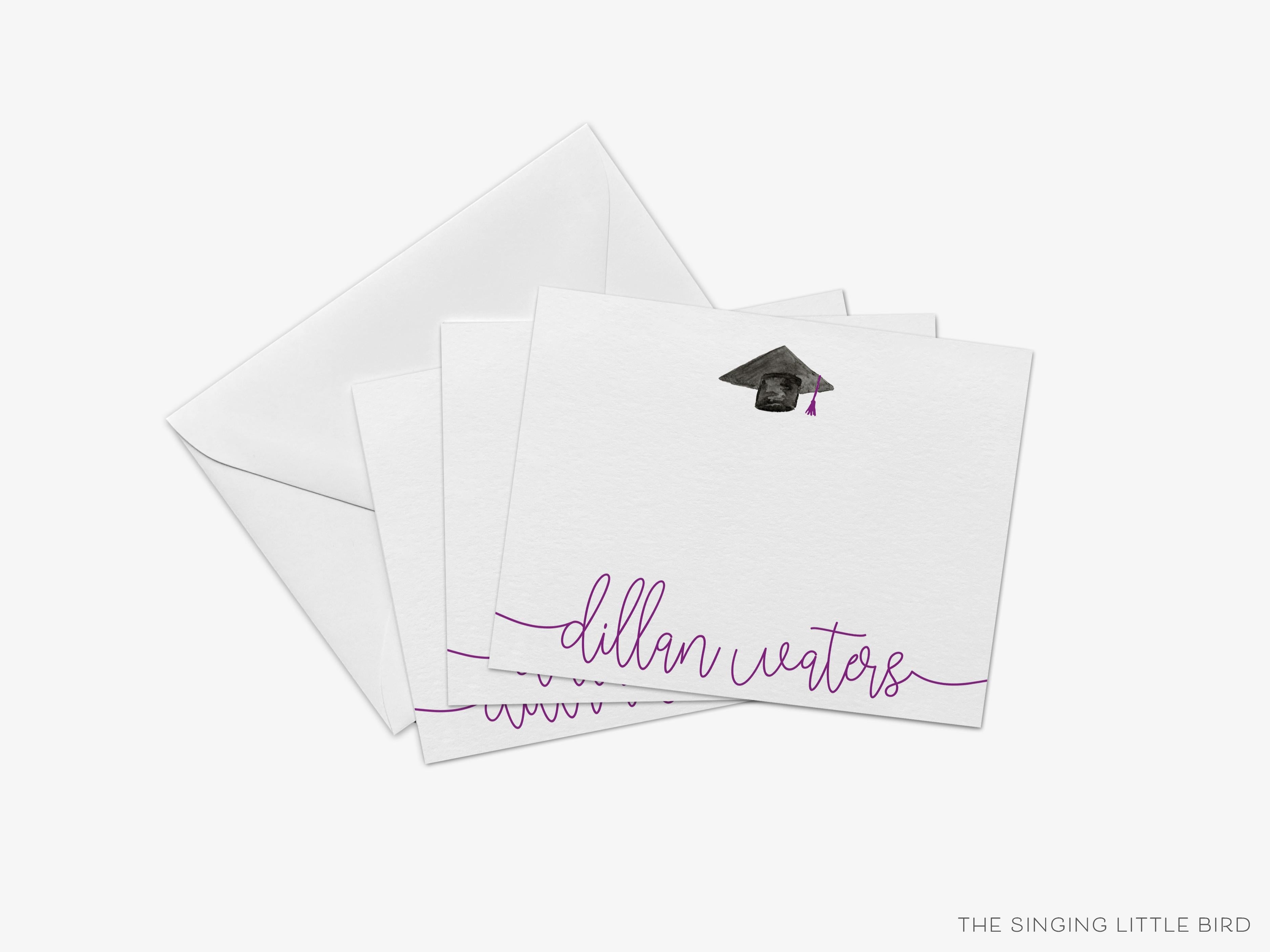 Personalized Graduation Cap Script Flat Notes-These personalized flat graduation announcements are 4.25x5.5 and feature our hand-painted watercolor graduation cap, printed in the USA on 120lb textured stock. They come with your choice of envelopes and make great gifts or thank you cards for the graduate in your life.-The Singing Little Bird