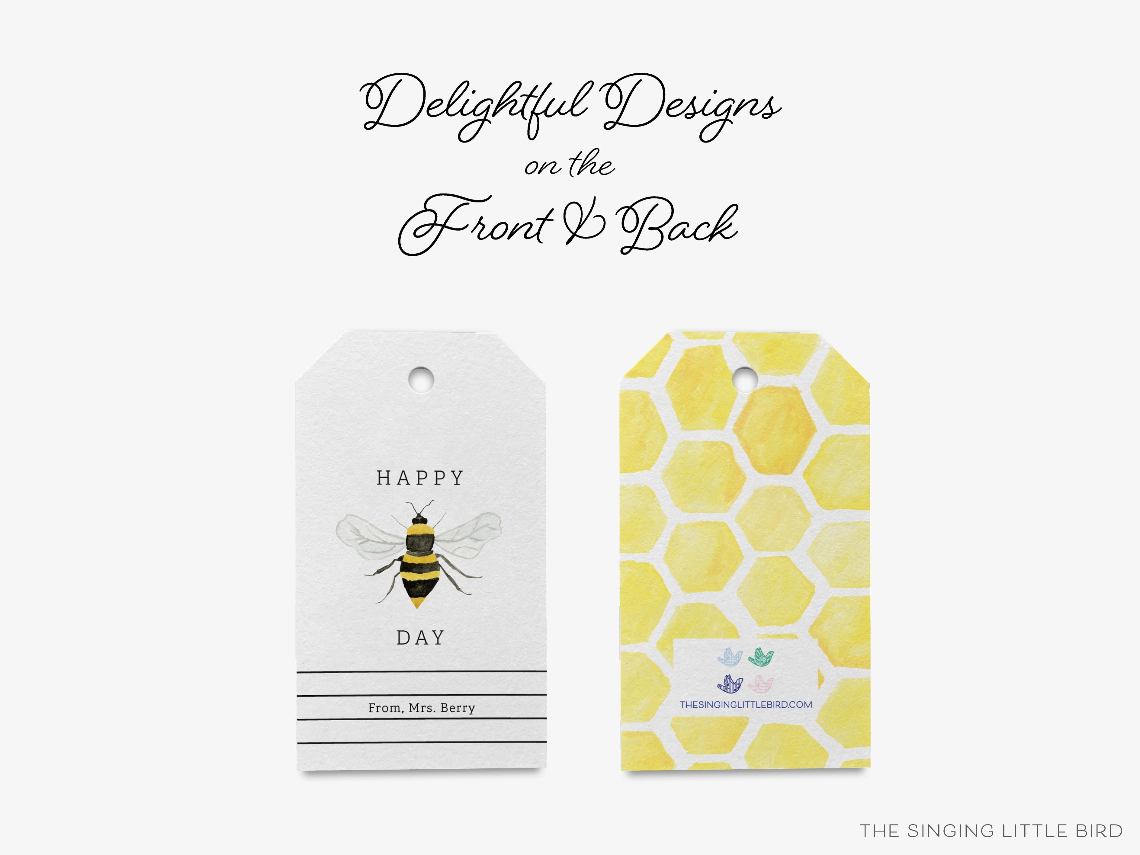 Personalized Happy Bee Day Gift Tags-These gift tags come in sets, hole-punched with white twine and feature our hand-painted watercolor bee, printed in the USA on 120lb textured stock. They make great tags for gifting or gifts for the pollinator lover in your life.-The Singing Little Bird