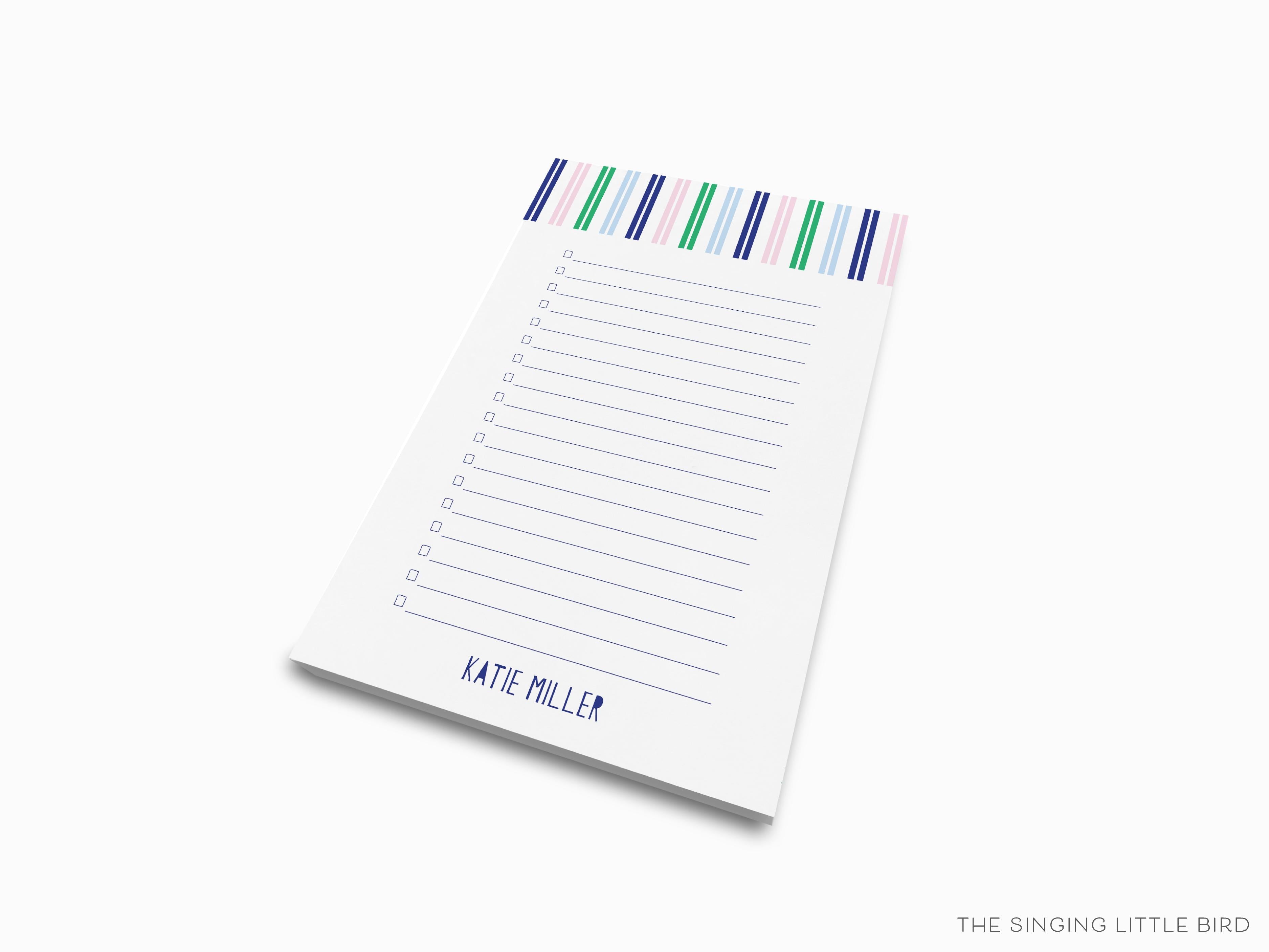 Personalized Happy Stripe Gingham Notepad-These personalized notepads feature our hand-painted watercolor stripes and gingham, printed in the USA on a beautiful smooth stock. You choose which size you want (or bundled together for a beautiful gift set) and makes a great gift for the checklist and colorful lover in your life.-The Singing Little Bird