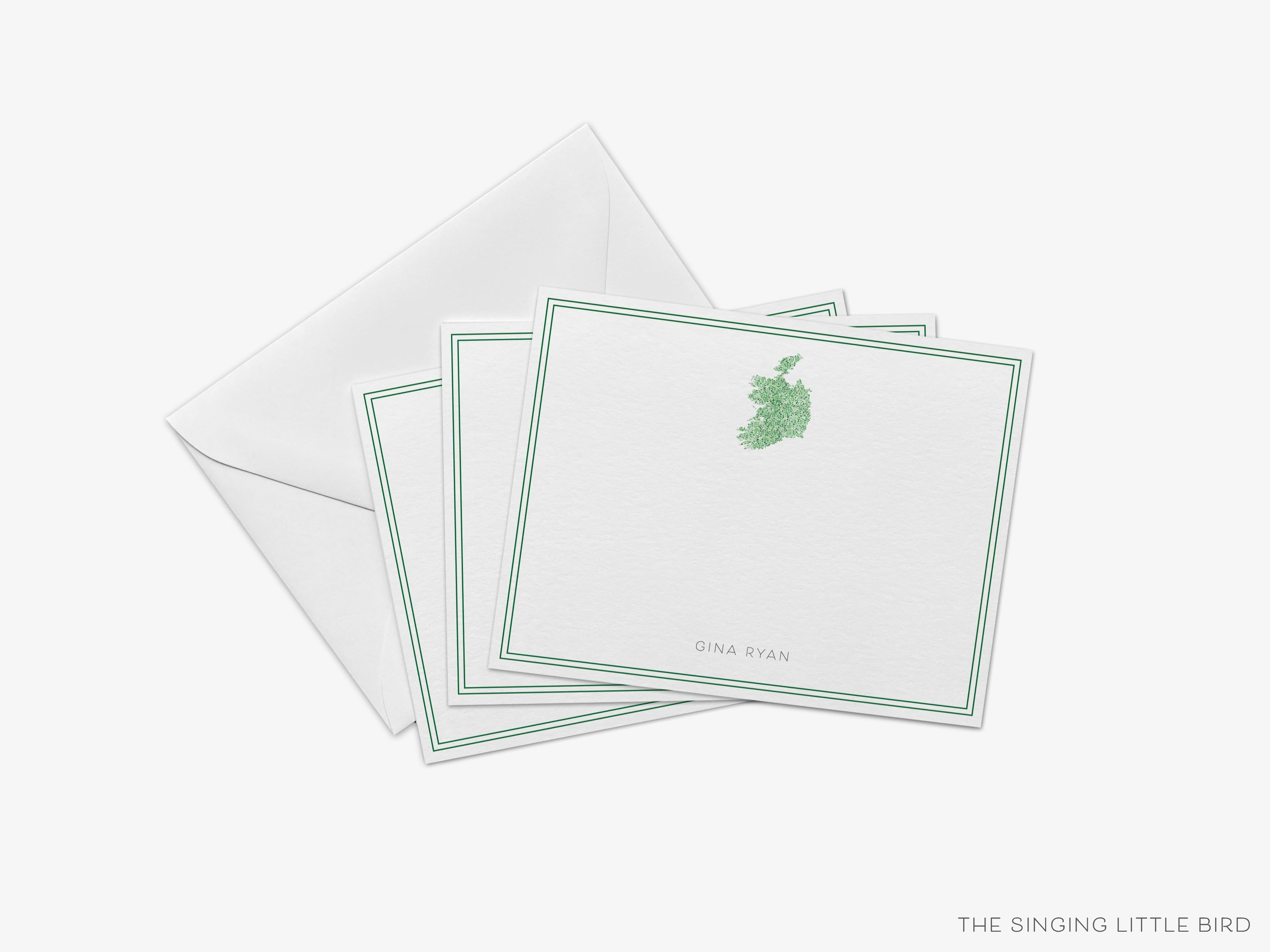 Personalized Ireland Flat Notes-These personalized flat notecards are 4.25x5.5 and feature our hand-painted watercolor Ireland, printed in the USA on 120lb textured stock. They come with your choice of envelopes and make great thank yous and gifts for the Irish lover in your life.-The Singing Little Bird