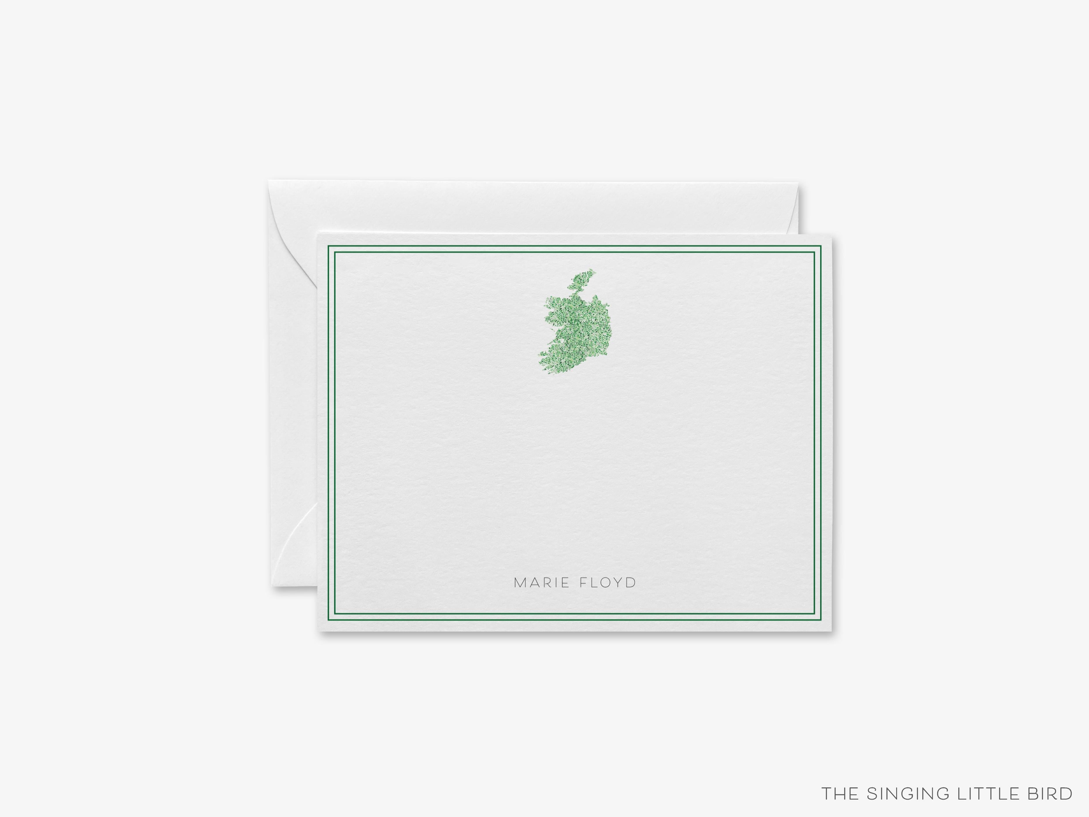 Personalized Ireland Flat Notes-These personalized flat notecards are 4.25x5.5 and feature our hand-painted watercolor Ireland, printed in the USA on 120lb textured stock. They come with your choice of envelopes and make great thank yous and gifts for the Irish lover in your life.-The Singing Little Bird