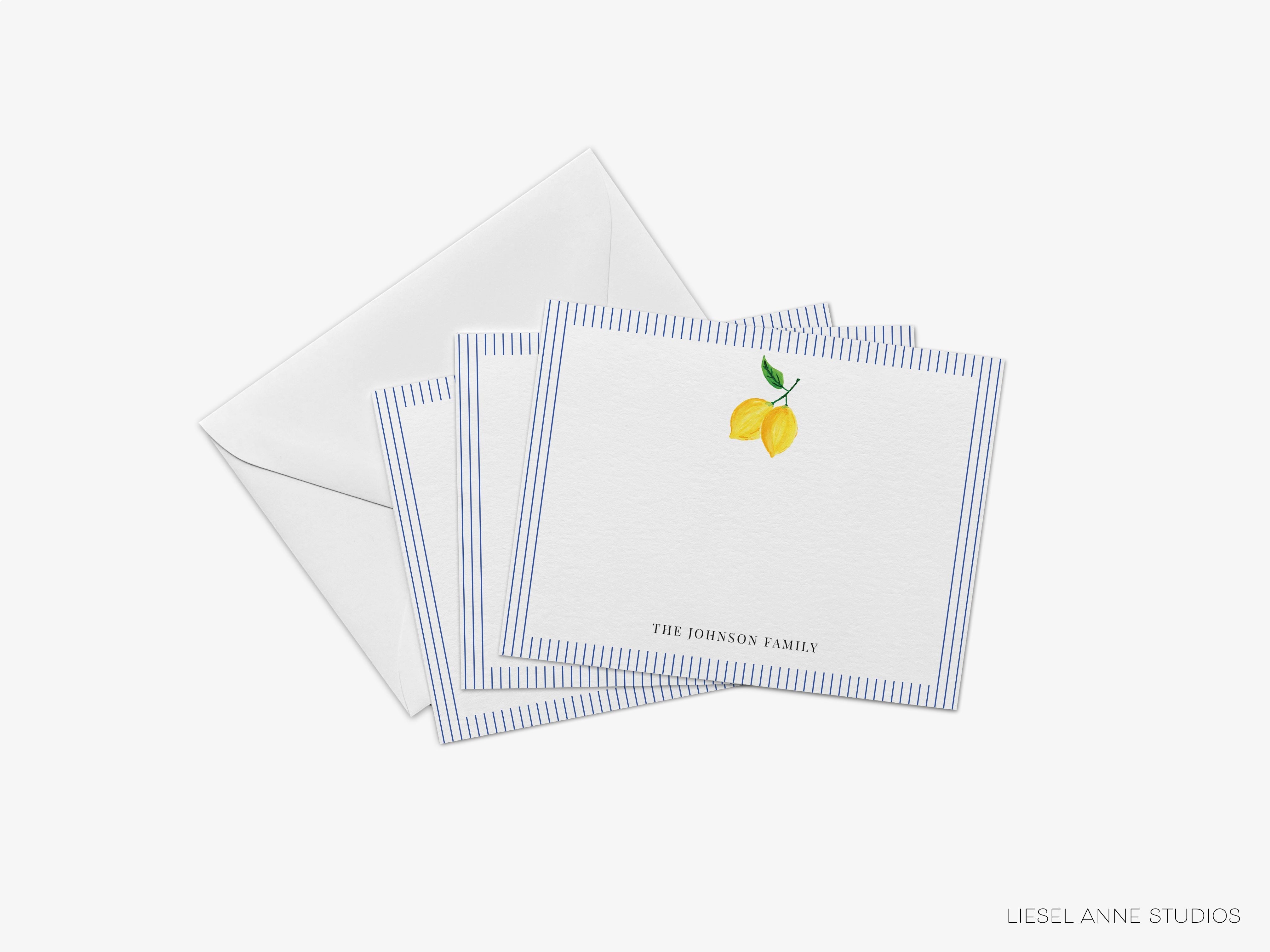 Personalized Lemon Flat Notes-These personalized flat notecards are 4.25x5.5 and feature our hand-painted watercolor lemon, printed in the USA on 120lb textured stock. They come with your choice of envelopes and make great thank yous and gifts for the citrus lover in your life.-The Singing Little Bird